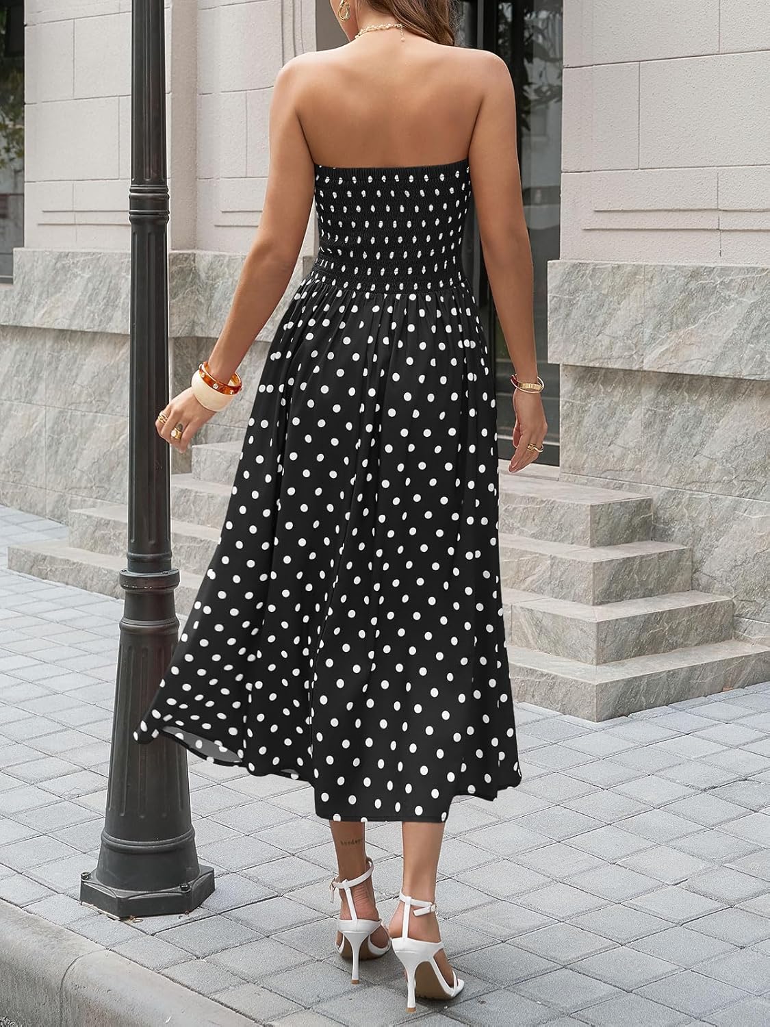Wenrine Womens Polka Dot Strapless Dress Summer Smocked Tube Top Casual Sleeveless Swing Flowy Maxi Dresses with Pockets - Image 3
