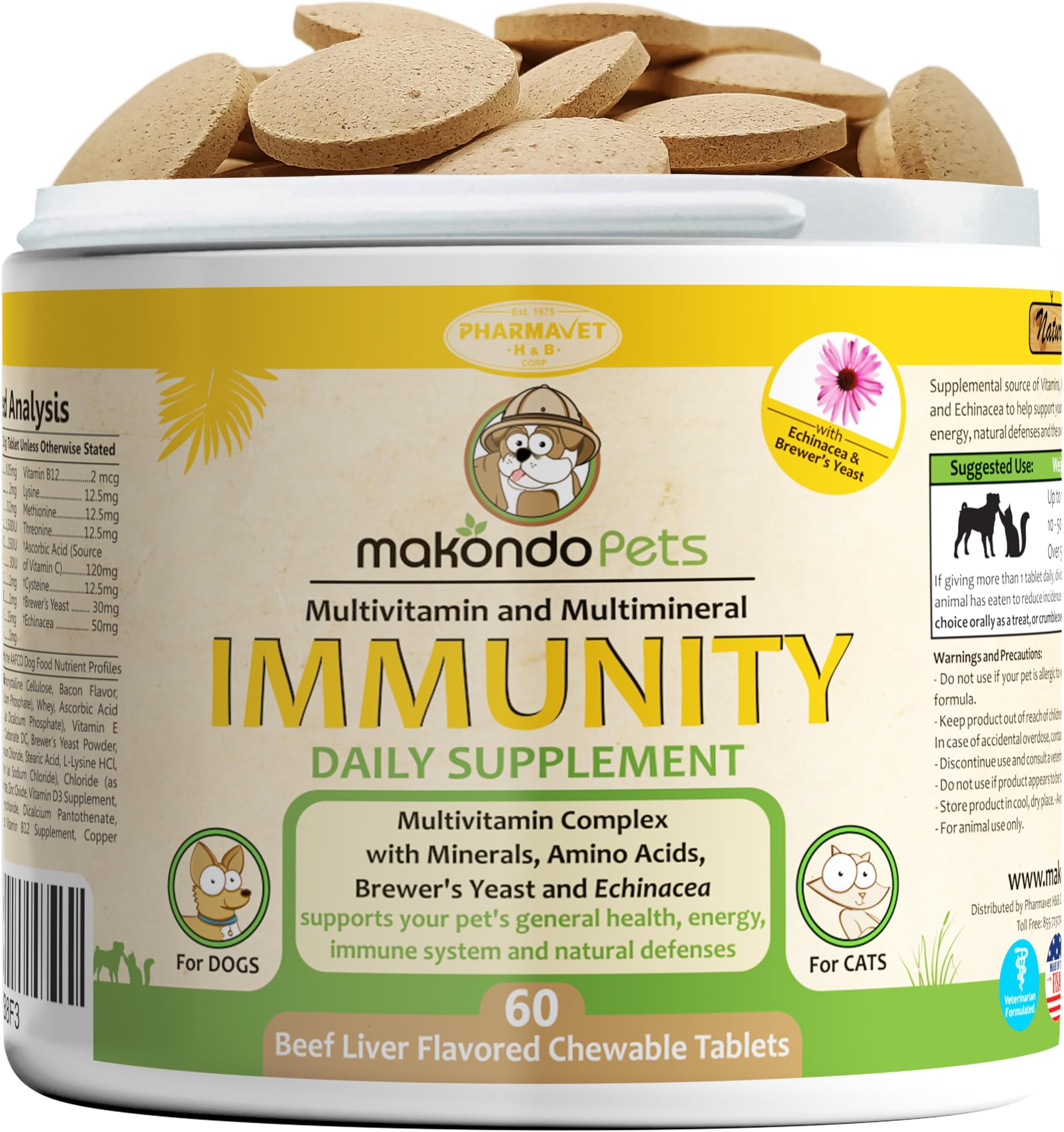 Immune Support Dog Supplement - Allergy and Itch Relief with Vitamins B Complex, Calcium, Iron. Mineral, Brewers Yeast for Allergies - Immunity Dog Vitamins. (Bacon Flavor, 60 Tabs)