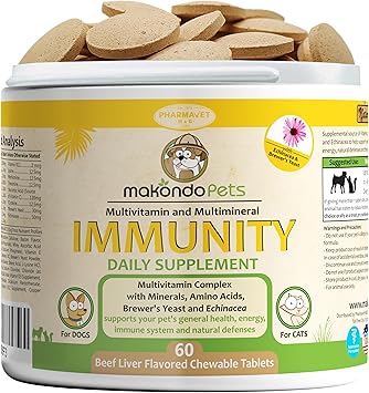 Immune Support Dog Supplement - Allergy and Itch Relief with Vitamins B Complex, Calcium, Iron. Mineral, Brewers Yeast for Allergies - Immunity Dog Vitamins. Bacon Flavor, 60 Tabs