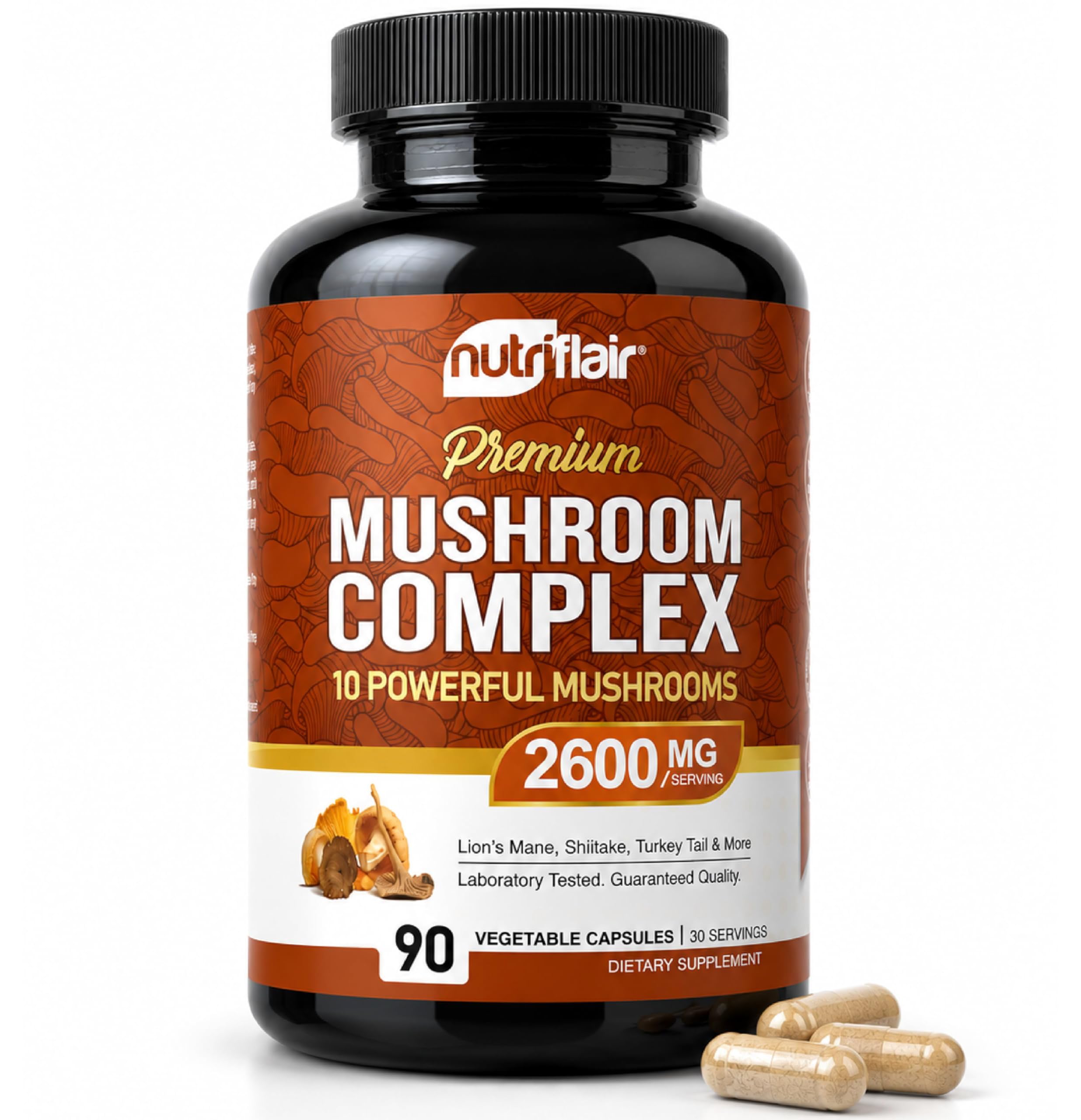 NutriFlair 10 Mushroom Complex Supplement 2600mg, 90 Capsules | Made in USA