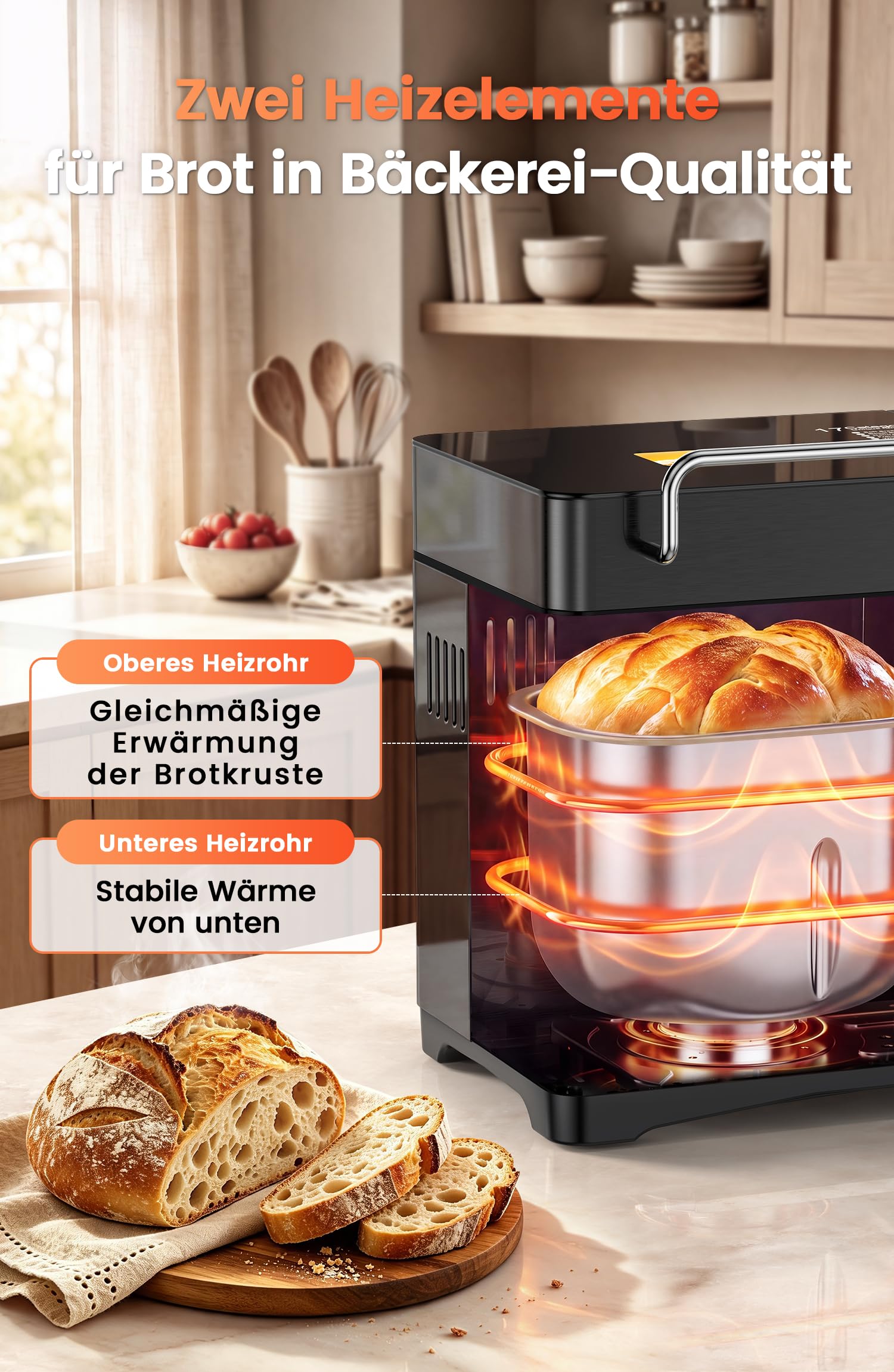 710W Konvektie Panificadora con tubos de calefacción doble, Forma de cerámica, Bandeja de ingredientes, Pantalla táctil, Panificadora de acero inoxidable 1kg, 17 Programas, sin gluten, masa
