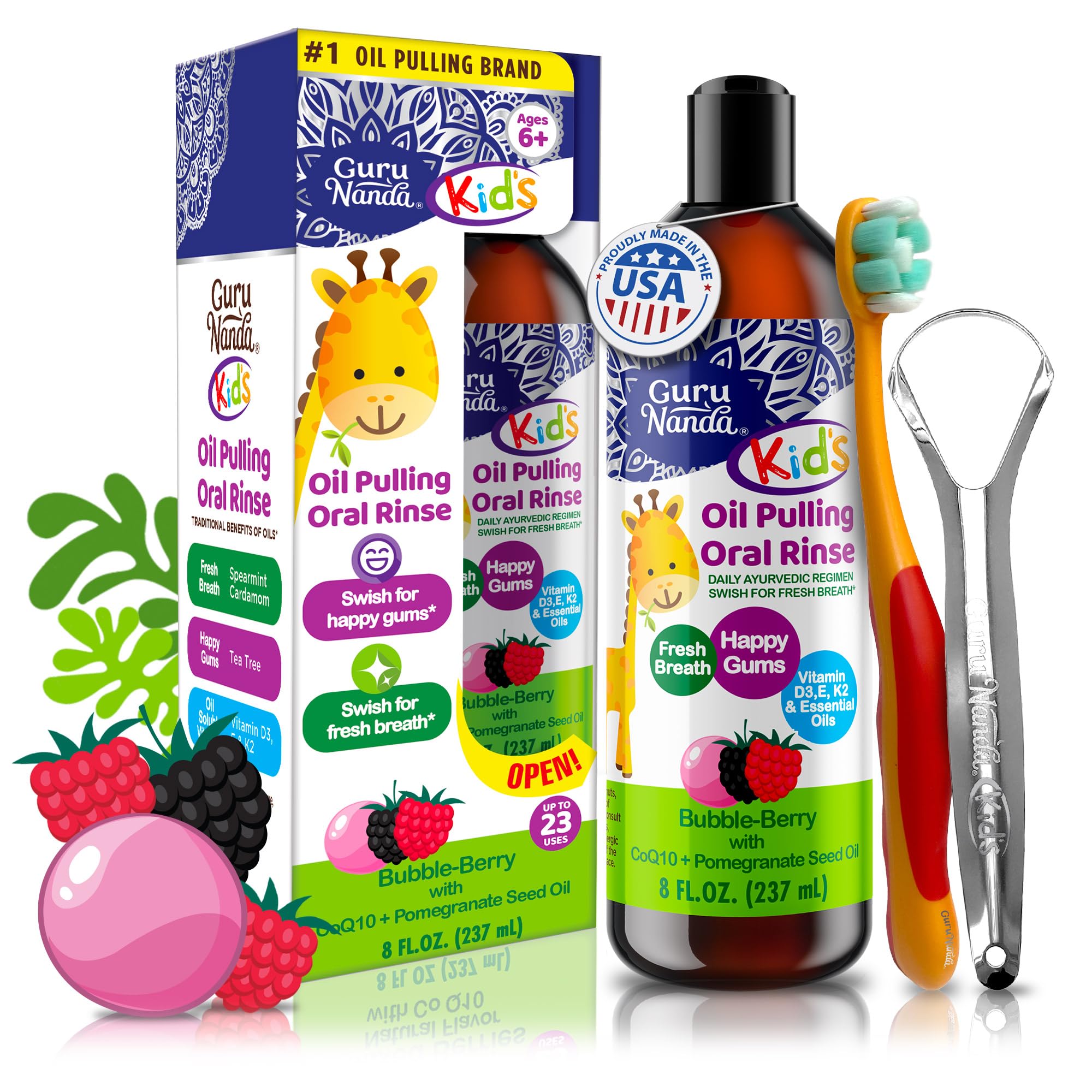 Kids Oil Pulling, Alcohol-Free Mouthwash, Essential Oils & Vitamins for Fresh Breath & Happy Gums for Ages 6 & up, Natural Berry Lemon Rose, 8 Oz