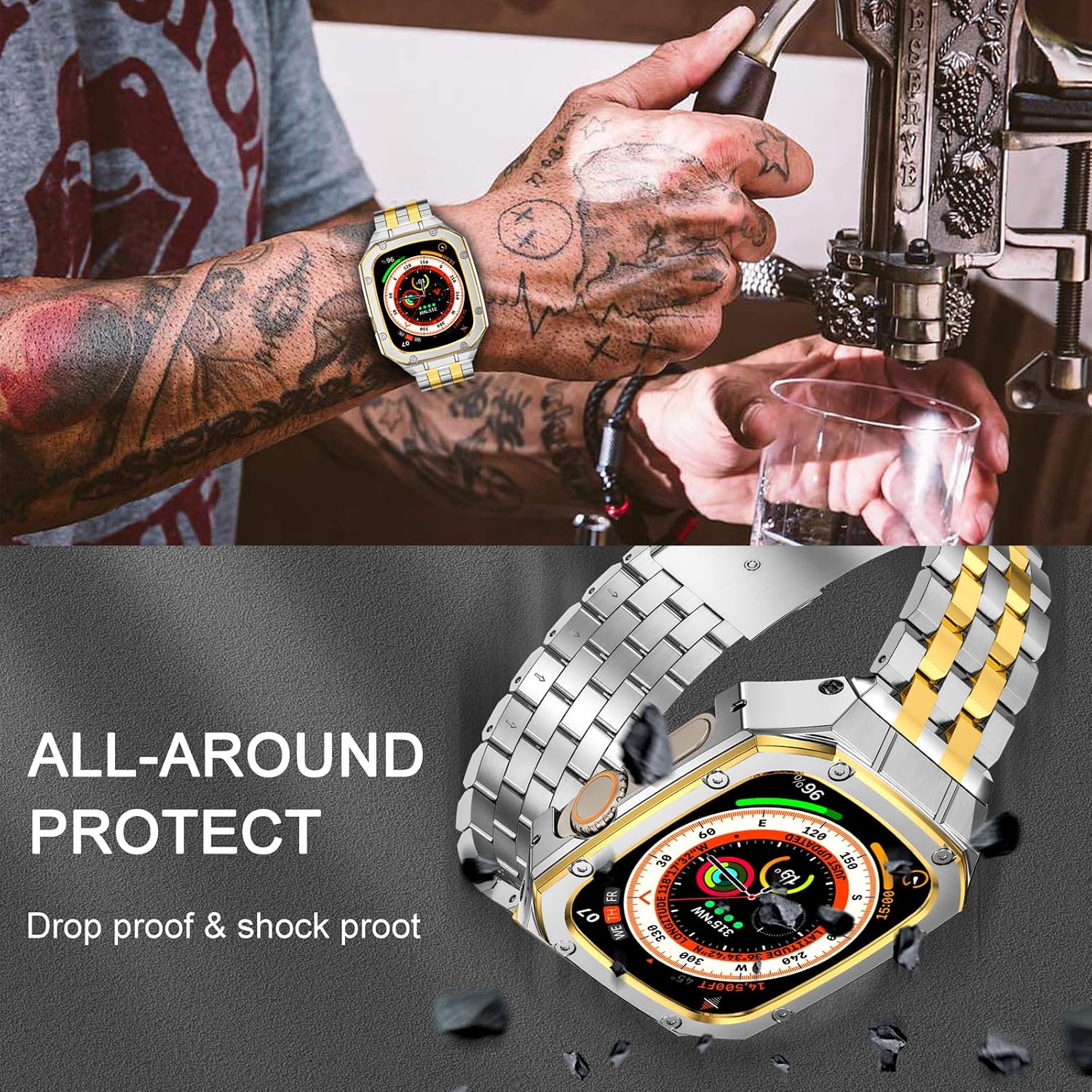 MioHHR Stainless Steel Watch Case with Bands Compatible with Apple Watch Band 49mm(Ultra 3/2/1), Metal Cover Bumper with iWatch Bands for Apple Watch 49mm Ultra 3/2/1, Silver/Gold - Image 2