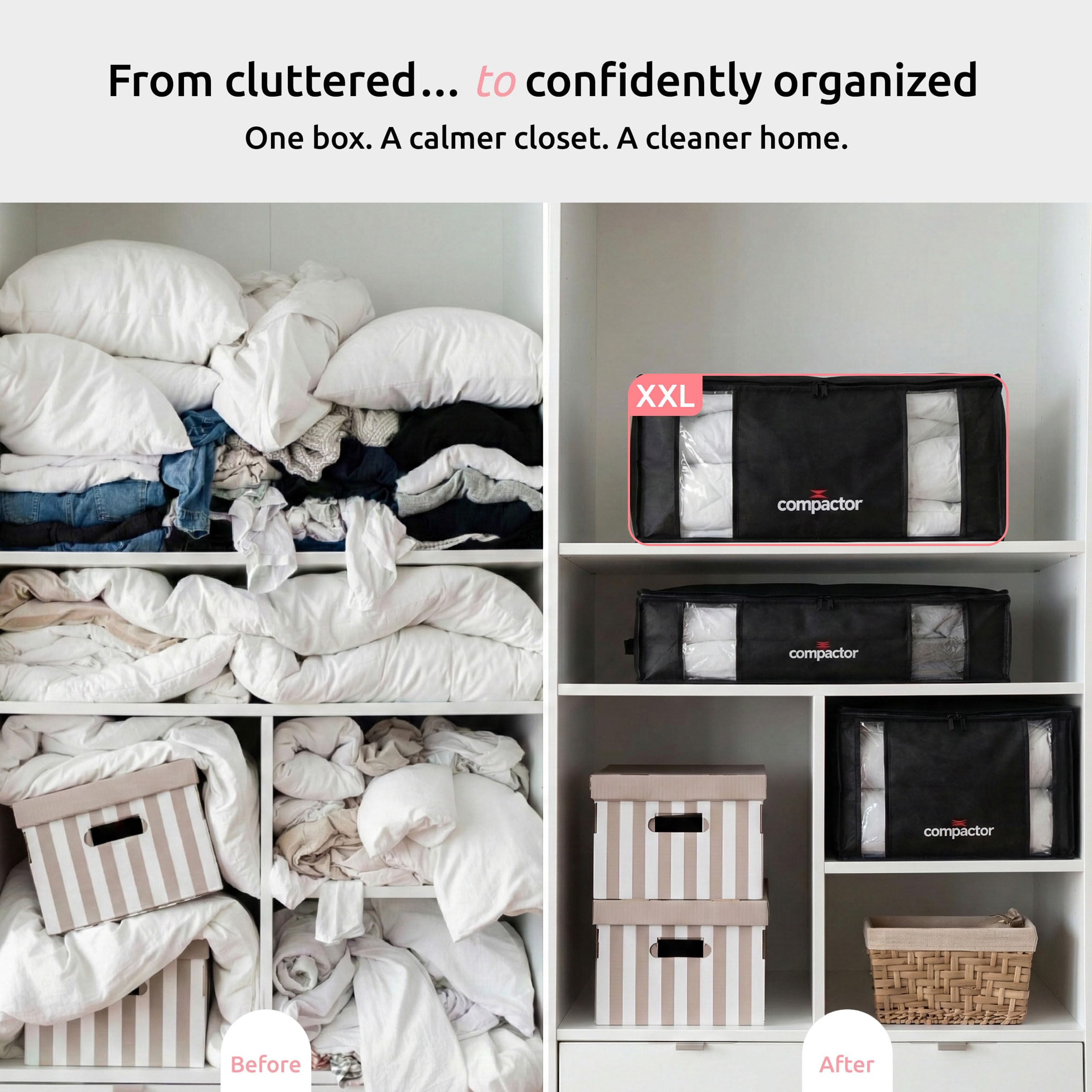 Compactor Vakuum-Aufbewahrungstasche mit halbstarrer strukturierter Box, Polypropylen und Nylon, Vakuumbeutel für Kleidung und Bettwäsche, Schrank-Organizer (Schwarz, XXL)