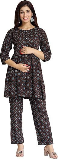JASPERINE Women's Viscose Rayon Printed Maternity Set &amp; Feeding Night Suit Set of Top &amp; Pyjama Nursing Night Dress