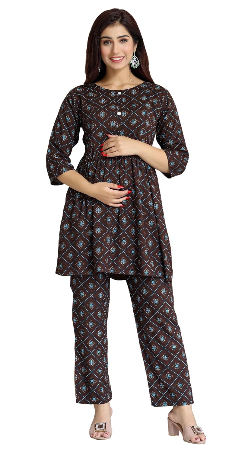 JASPERINE Women's Viscose Rayon Printed Maternity Set & Feeding Night Suit Set of Top & Pyjama Nursing Night Dress
