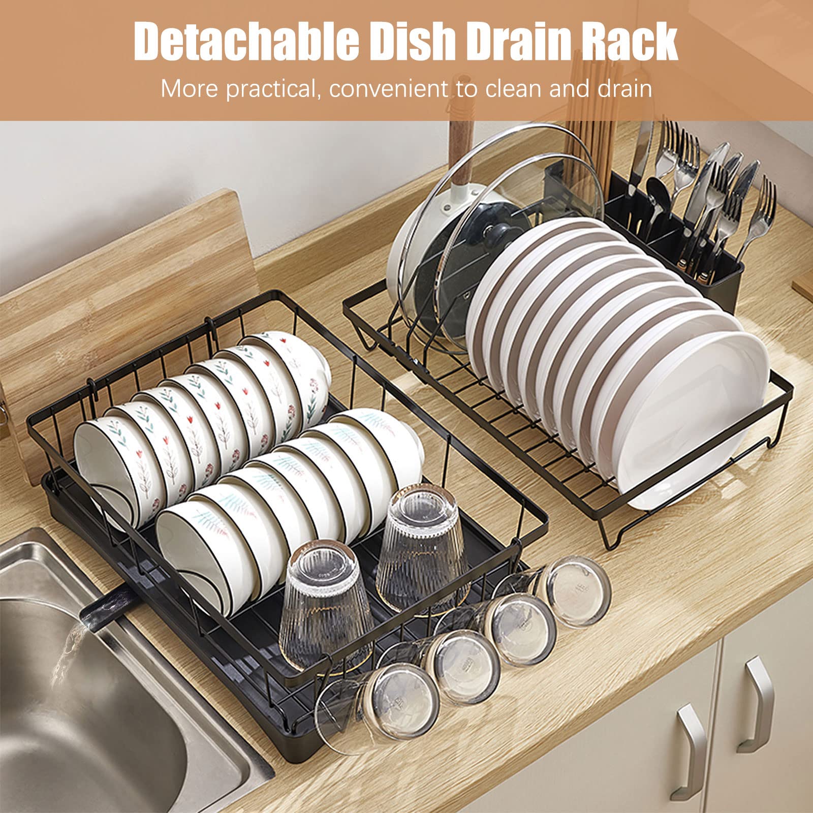 Escurreplatos de 2 niveles, escurreplatos con bandejas de goteo, soporte para cubiertos para tabla de cortar, cesta de vajilla para cocina