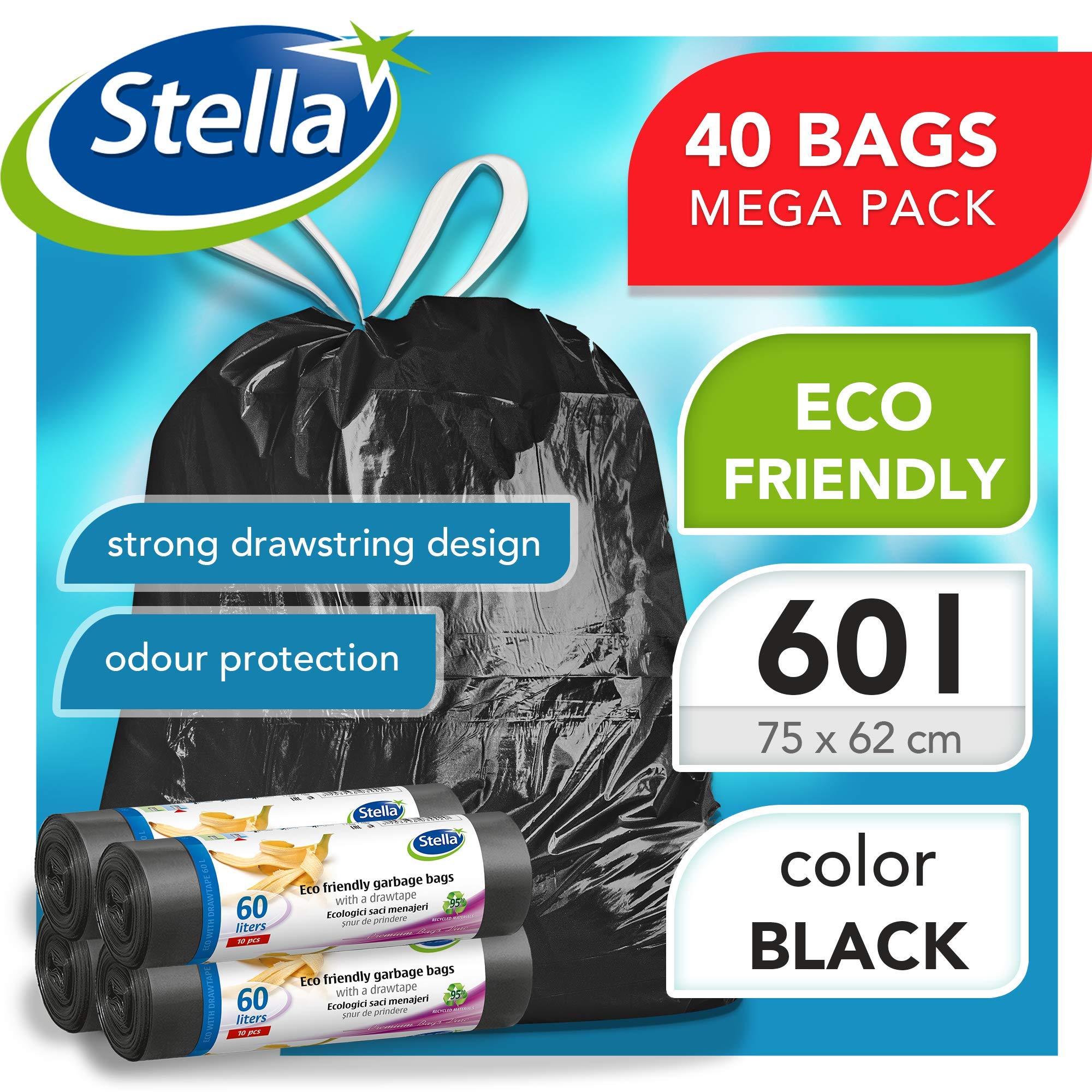 Stella Pack Sac Poubelle 60l Noir 40 Pièces Sacs Résistants Fermeture Coulissante Recyclable Durable Idéal Intérieur et Extérieur Sac 35 Litres Polyvalent, en plastique recyclé