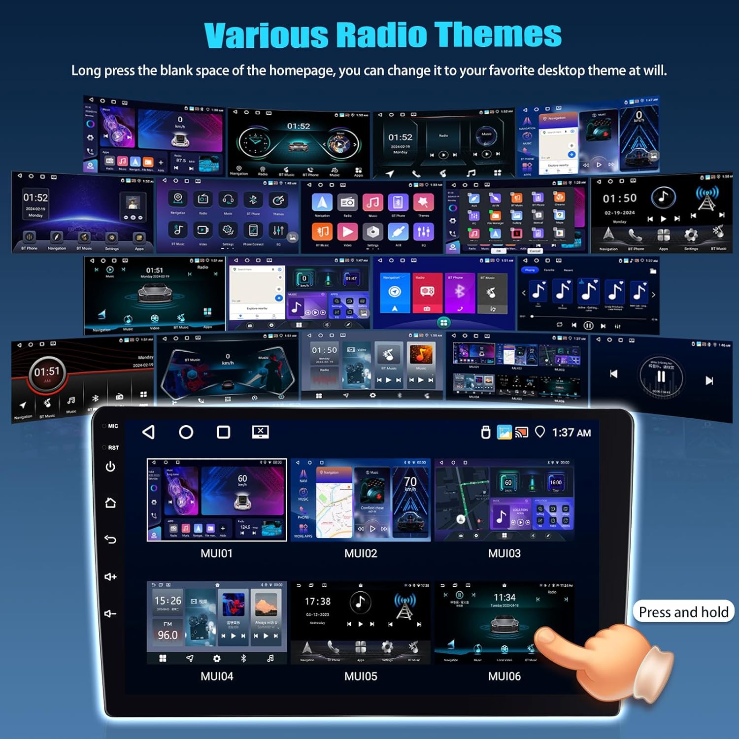 Multiple examples of different radio desktop themes displayed on the car stereo screen.