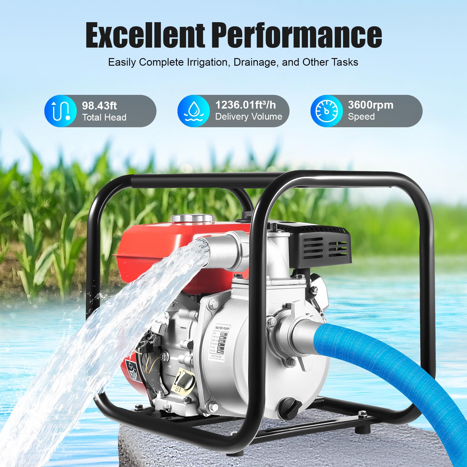 Pompe à Eau à Essence à Quatre Temps De 7,5 CV 25 m³/h Réservoir d'Eau De 3,6 Litres 5 Heures Démarrage Manuel Adaptée à l'Irrigation Et Au Drainage Agricoles