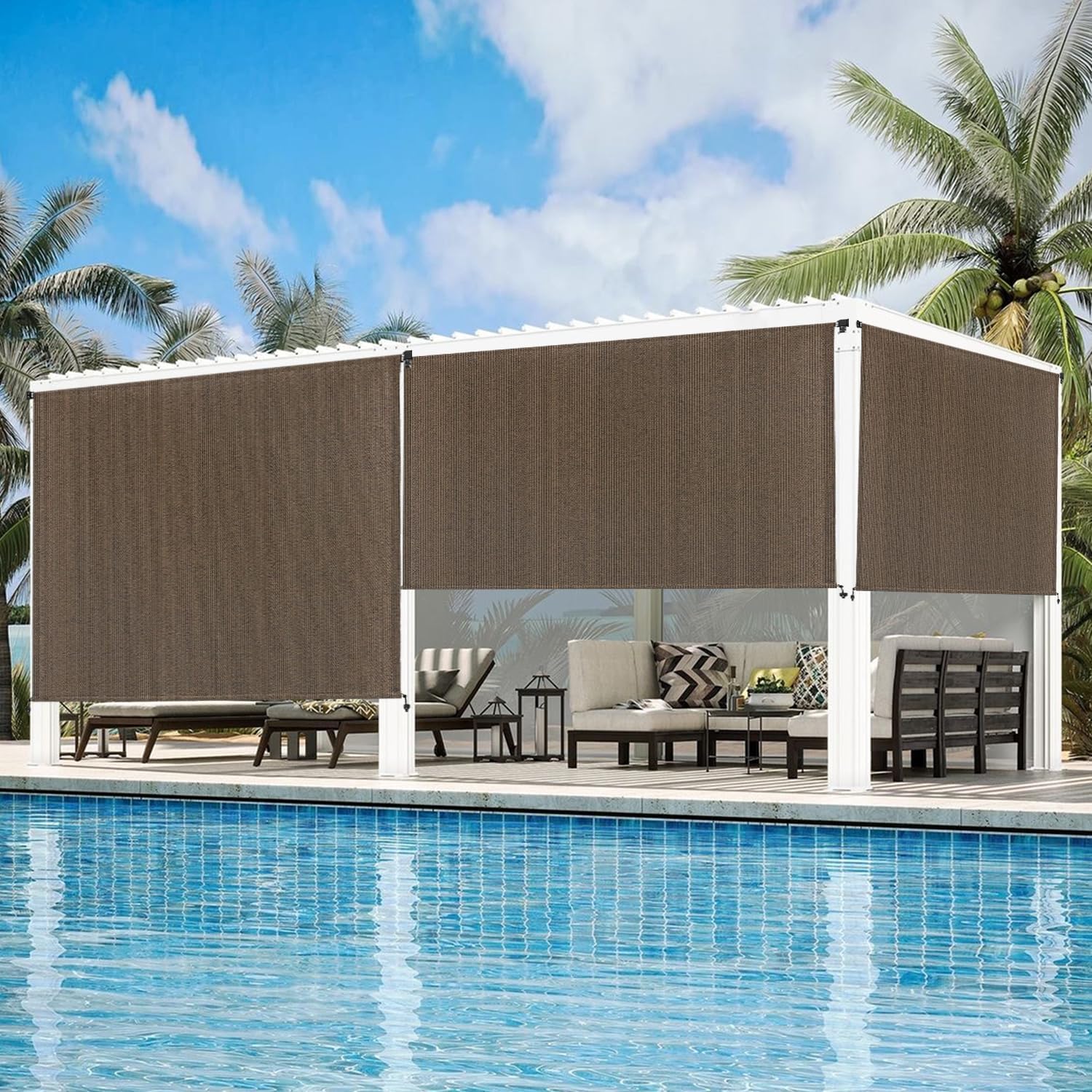 Outdoor Roller Shades, Cordless Patio Roller Up Blinds with Shade Cloth for Porch Gazebo Pergola Balconyard, Outdoor Blinds with Hand Crank for Shading, Privacy Protection (8'Wx8'H Mocha)