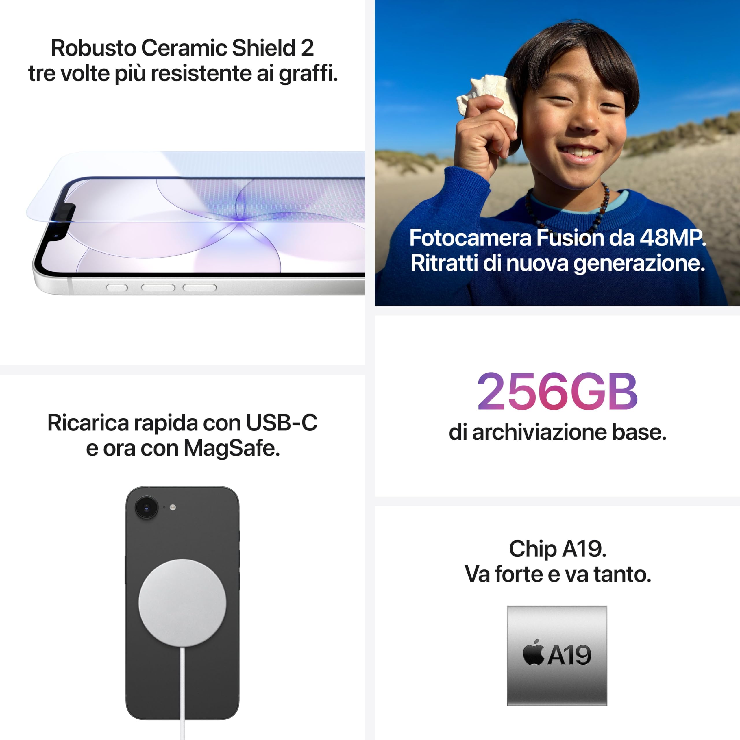 Apple iPhone 17e 256 GB: display Super Retina XDR da 6,1'', chip A19, un giorno intero di autonomia, fotocamera Fusion da 48MP – Nero