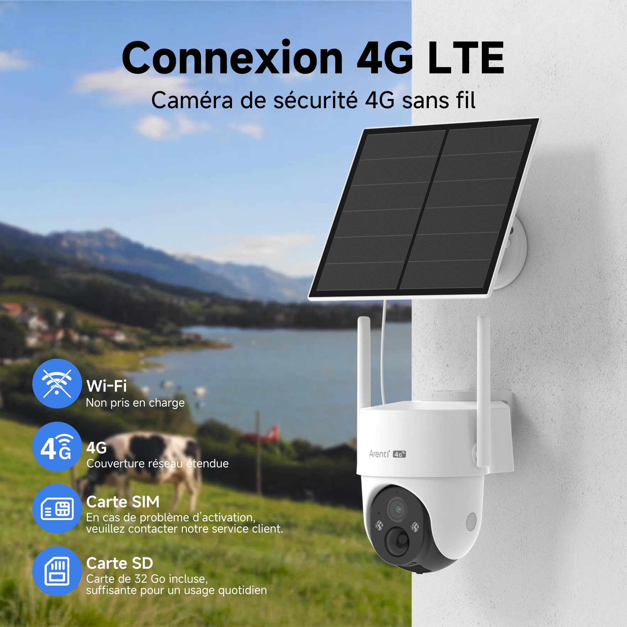 ARENTI 4G LTE Caméra Surveillance Solaire avec Carte SIM, Batterie et Panneau Solaire, Caméra Extérieure sans Fil, 2K PTZ Caméra IP, Audio Bidirectionnel, Vision Nocturne Couleur, Détection IA, AOV