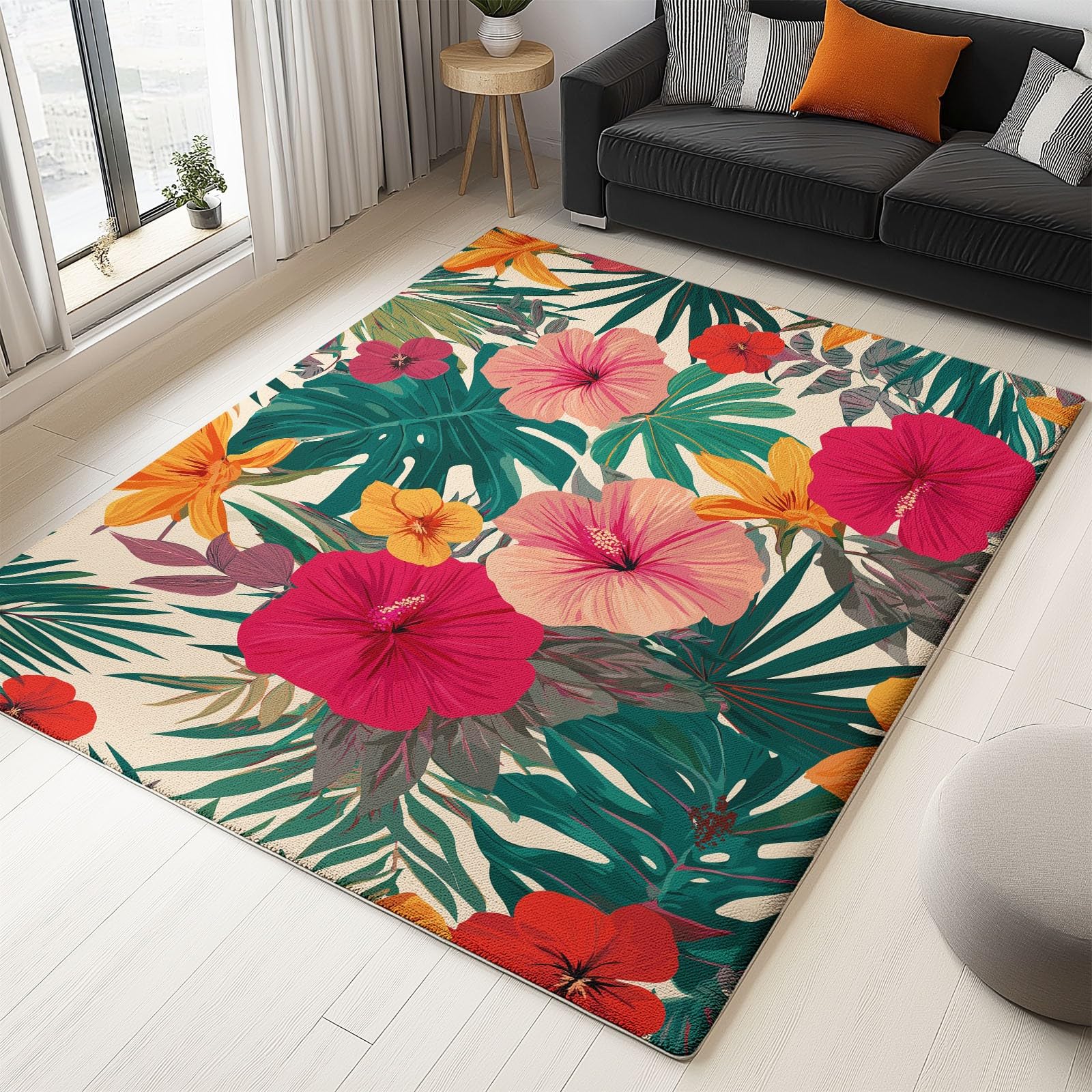 Generico Dywan 120 x 170 cm - zmywalny krótki włos, duże prostokątne dywaniki roślinne kwiaty kwiaty liście drukowane rośliny, do przedpokoju drzwi wejściowe antypoślizgowe składane salon czerwony
