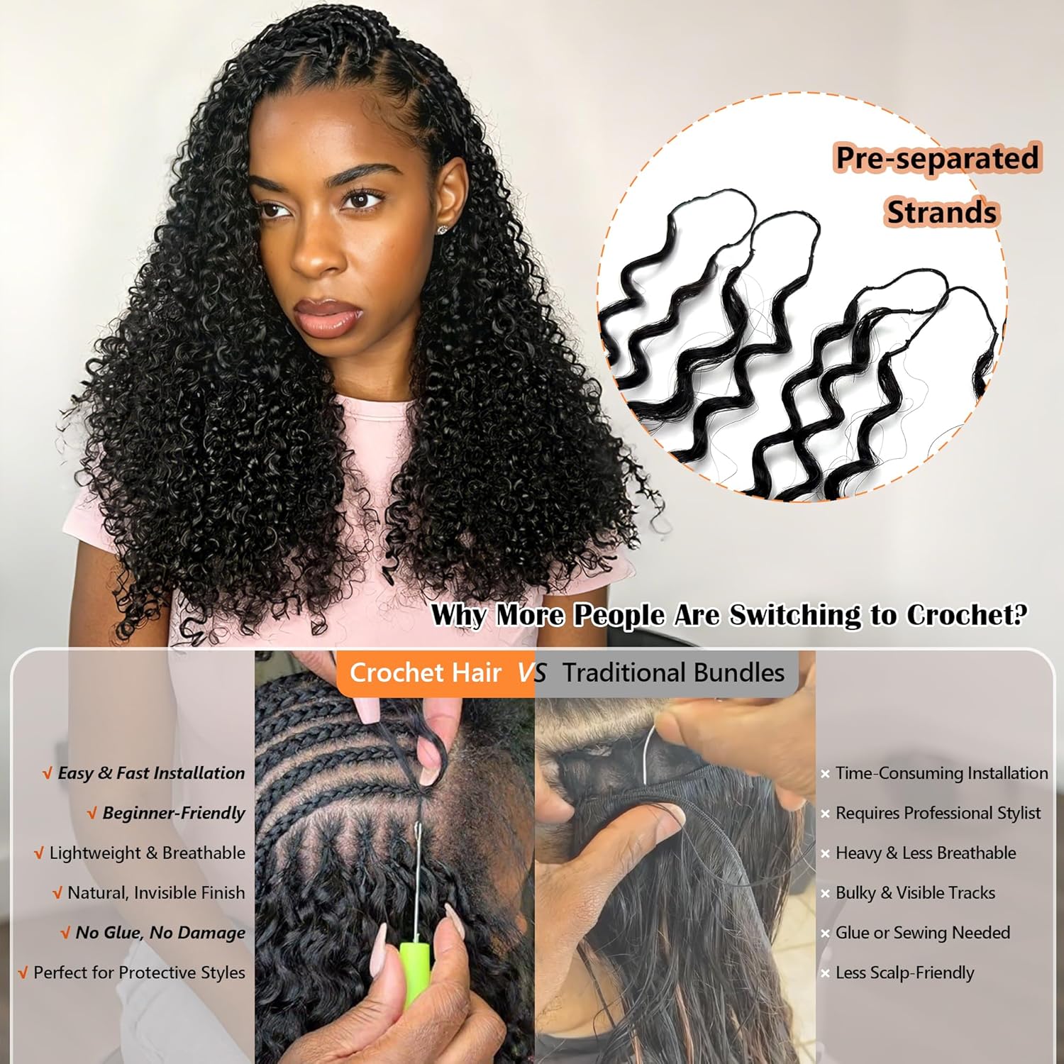 Feather Crochet Human Hair Deep Curly Pre-Looped & Easy Install, Natural Black, Soft Lightweight, No Shedding, Tangle Free, Long Lasting Crochet Extensions for Black Women 50strands 60g 20 Inch