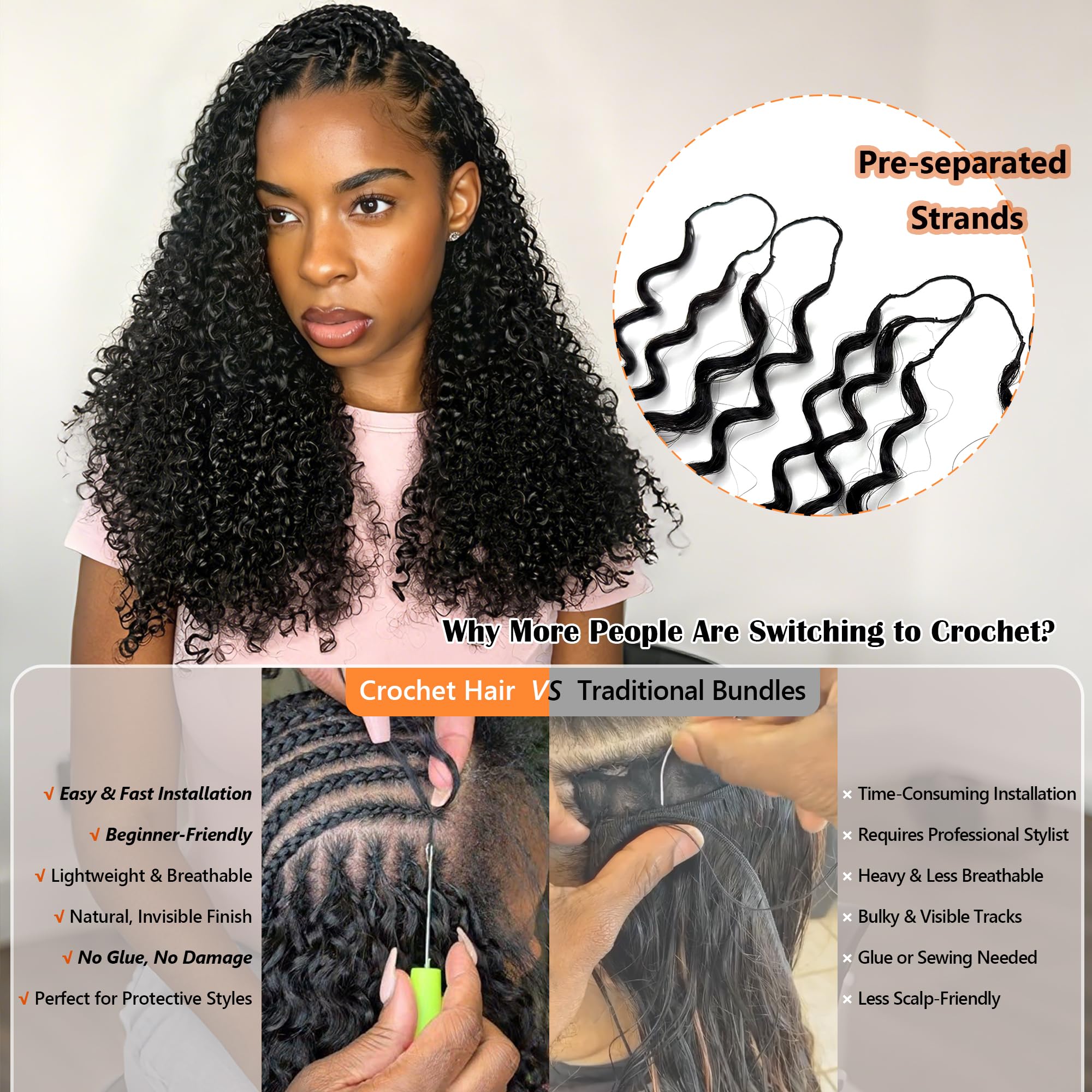 100% Human Hair Pre-Looped Crochet Hair, Natural Black