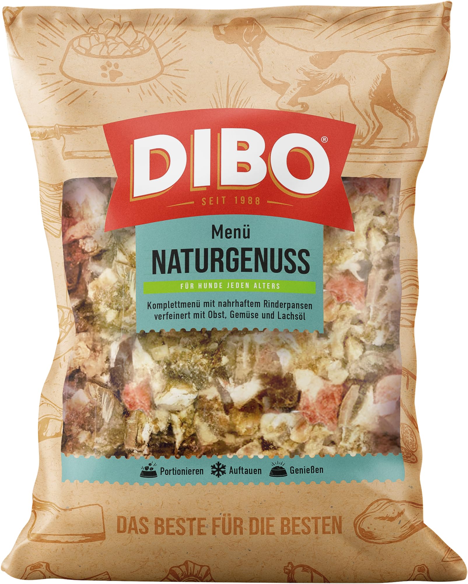 DIBO Menü Naturgenuss 12kg (6 x 2000g) – Tiefgefrorenes Barf-Komplettmenü für Hunde - Rind & Pansen, Getreidefrei mit Lachsöl & Gemüse - Alleinfuttermittel für Sensible Hunde & Allergiker