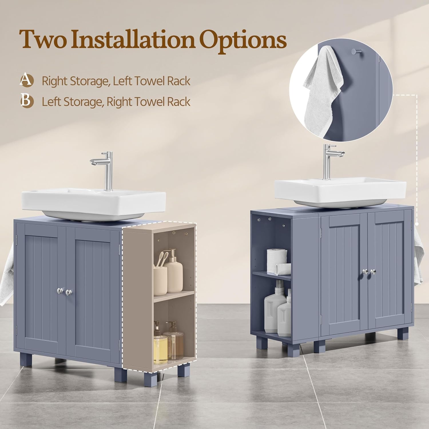 Yaheetech Under Sink Bathroom Cabinet, Bathroom Storage Cupboard Furniture with 2 Doors, Adjustable Shelves and Open Side Storage Unit Grey