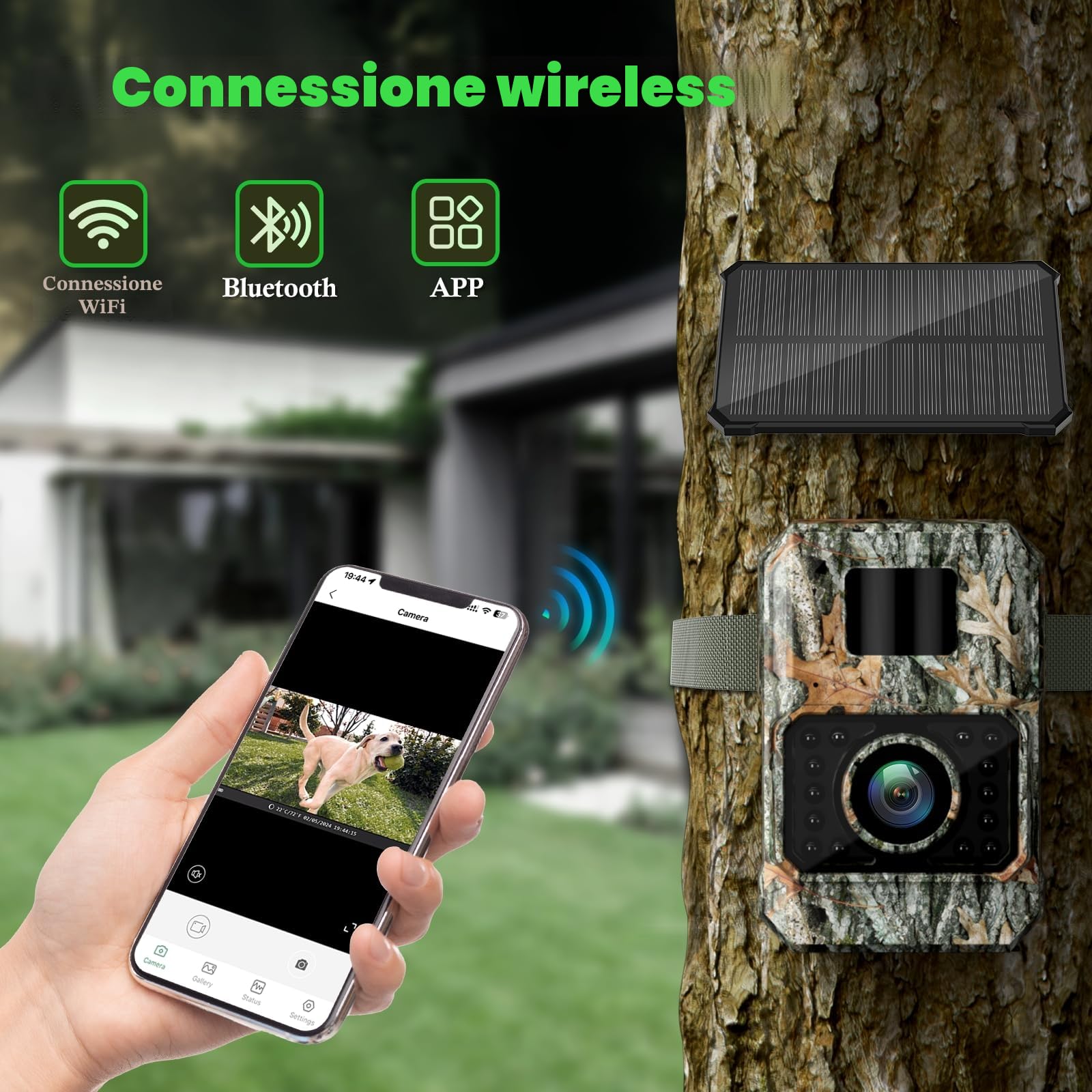 Coolifepro Fototrappola con Pannello Solare, 60MP 30FPS WIFI Bluetooth e App Fototrappola con Batteria al Litio Ricaricabile Integrata da 2000mAh, Angolo di Rilevamento 100° con scheda SD da 32GB