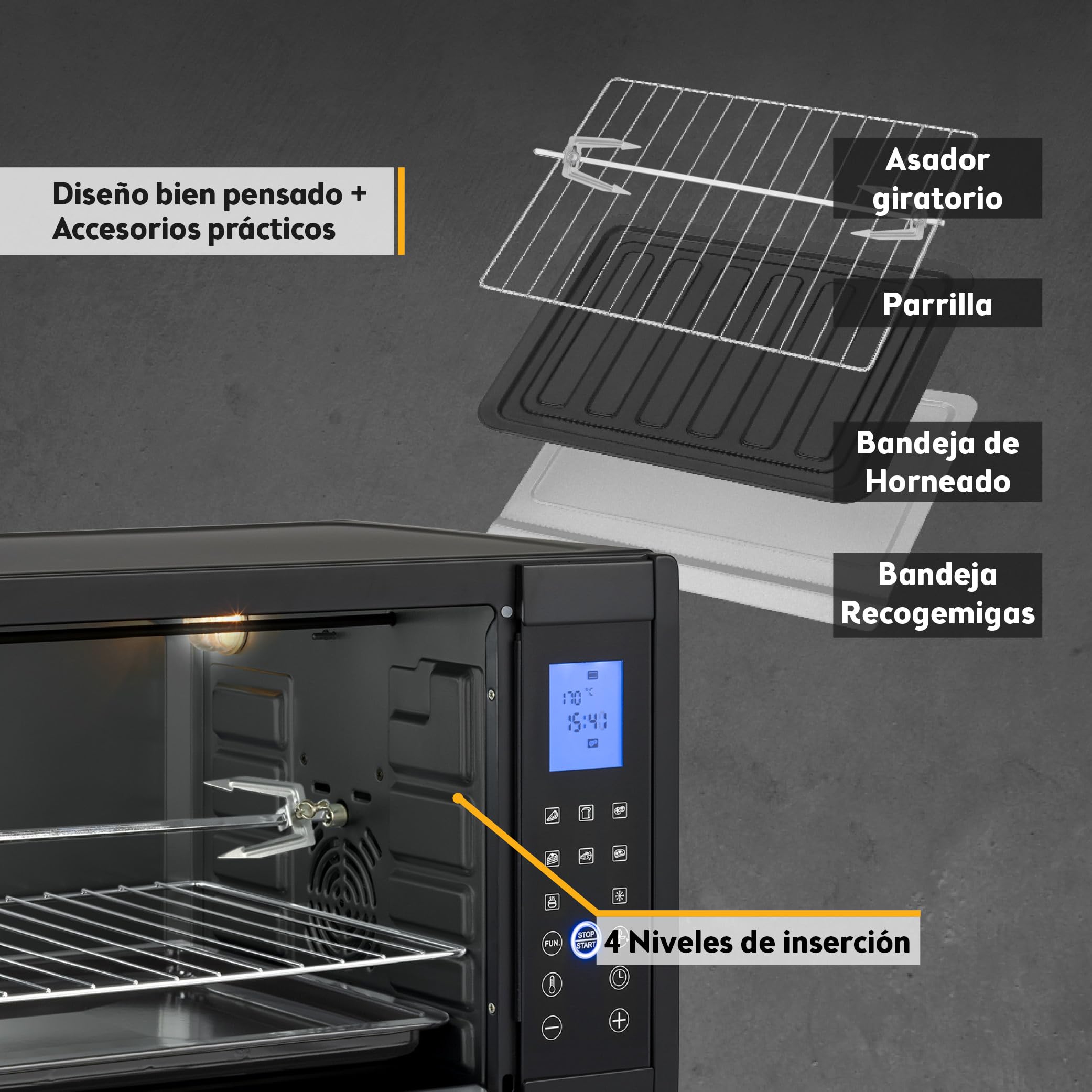 TZS First Austria Mini Horno 45L 2000W con Premium-X Coating – Minihorno Digital hasta 230°C & 4 Alturas – Temporizador de 180 Min & 8 Modos – Incl. Asador Giratorio – Para cocinas pequeñas & camping
