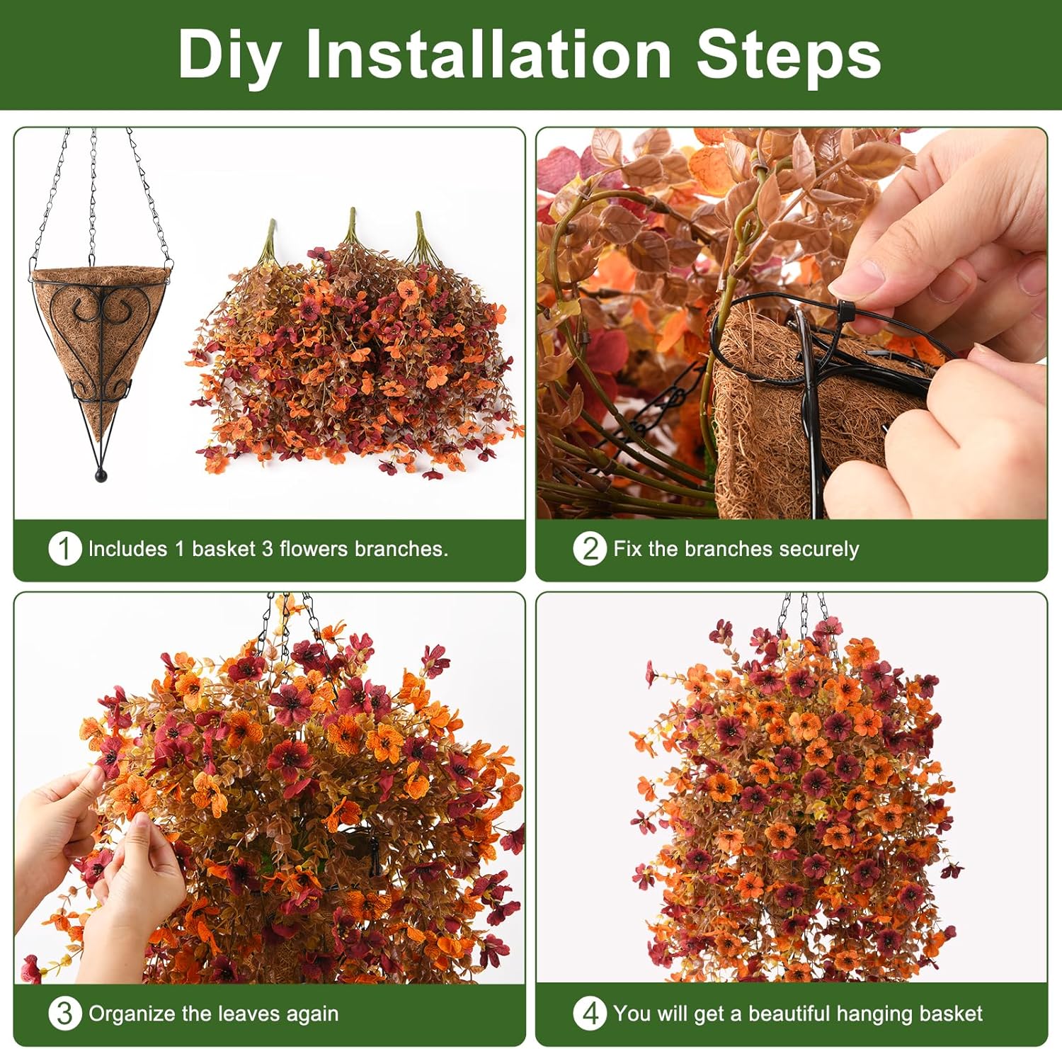 Fall Artificial Fake Mums Hanging Flowers Plants Basket for Outdoor Decoration,Faux Silk Daisy planters UV Resistant Look Real for Home Porch Patio Balcony Yard Autumn Decor (Orange Brown)