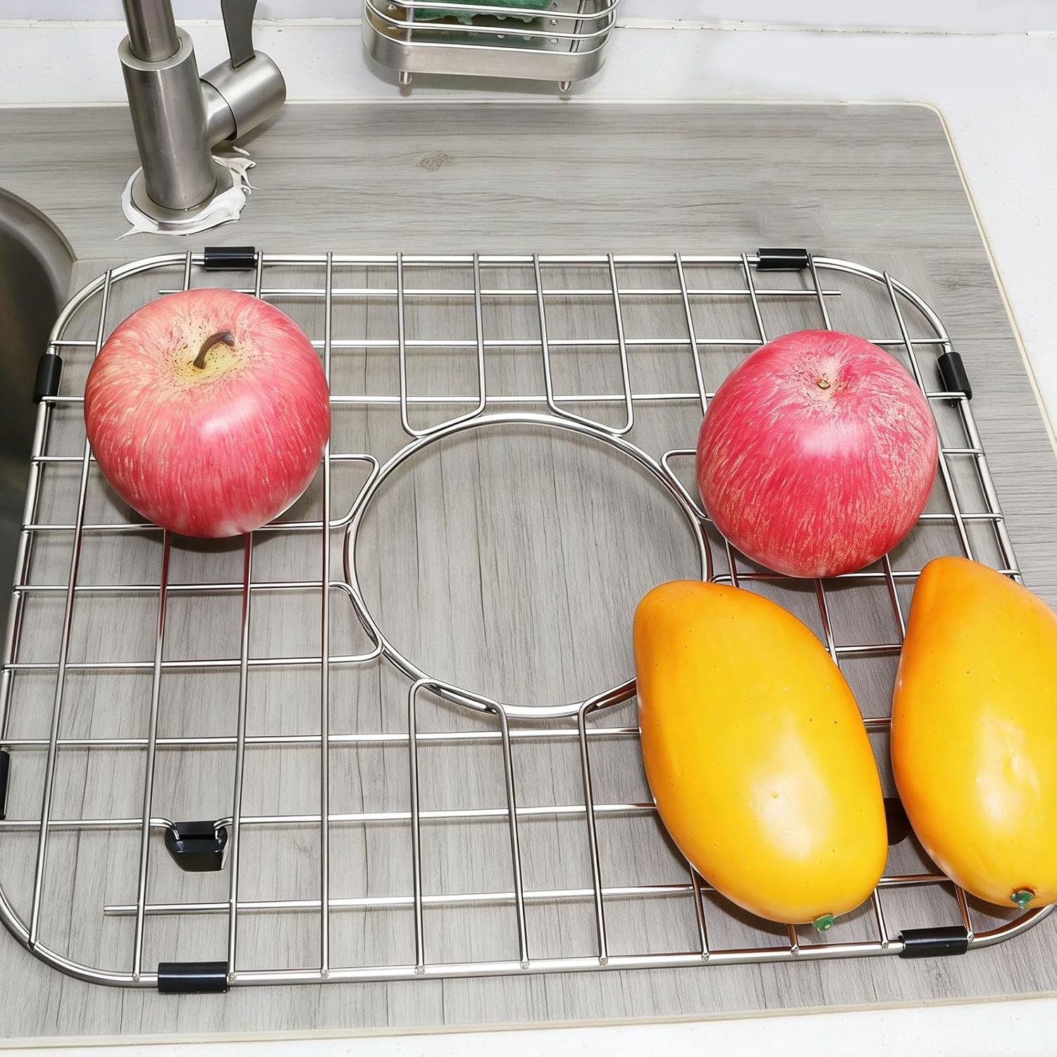 2 PCS Stainless Steel Sink Protectors,13.6"x11.6" Metal Sink Rack for Bottom of Sink with Center Drain Hole, Kitchen Dish Drying Rack Grate