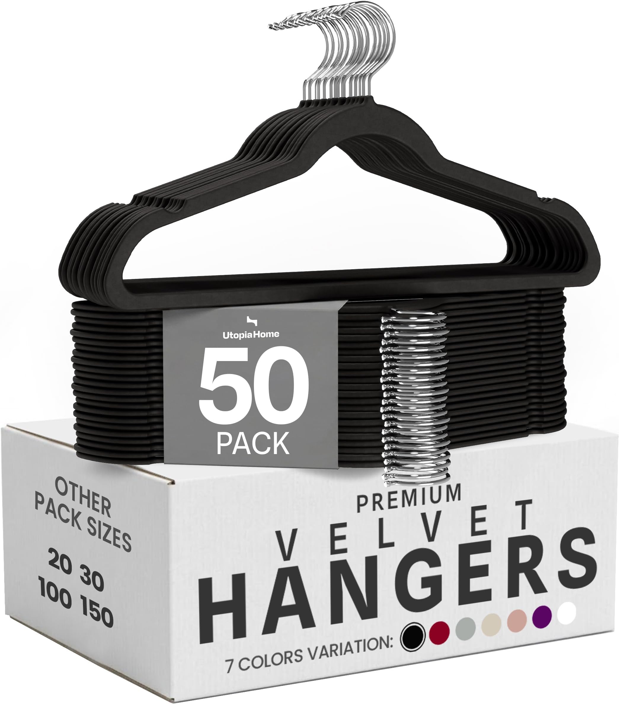 Utopia Home Velvet Hangers 50 Pack – Luxury Non-Slip Slim Pant & Coat Hangers, Strong Space-Saving Clothes Hangers with Pants Bar and 360° Swivel Hook – Black