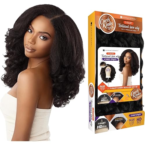 Sensationnel Curls Kinksandco Kinkyedges Wig - Kinky Roller Set 16 Inch Y Part Lace Natural Kinkytexture Edged Hairline for Natural 3C to 4C Hair Textures (1B OFFBLACK)
