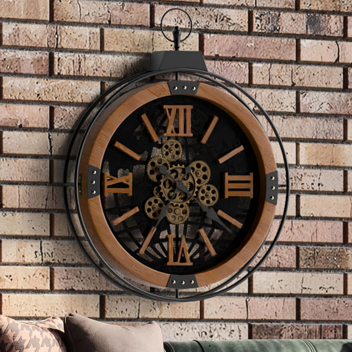 Driini 24 Inch Large Rustic Farmhouse Gear Clock with Moving Gears – Vintage Oversized Wall Clock with Iron Frame – Giant Industrial Steampunk Wall Clock for Living Room Décor (Walnut) 24 Inch Walnut