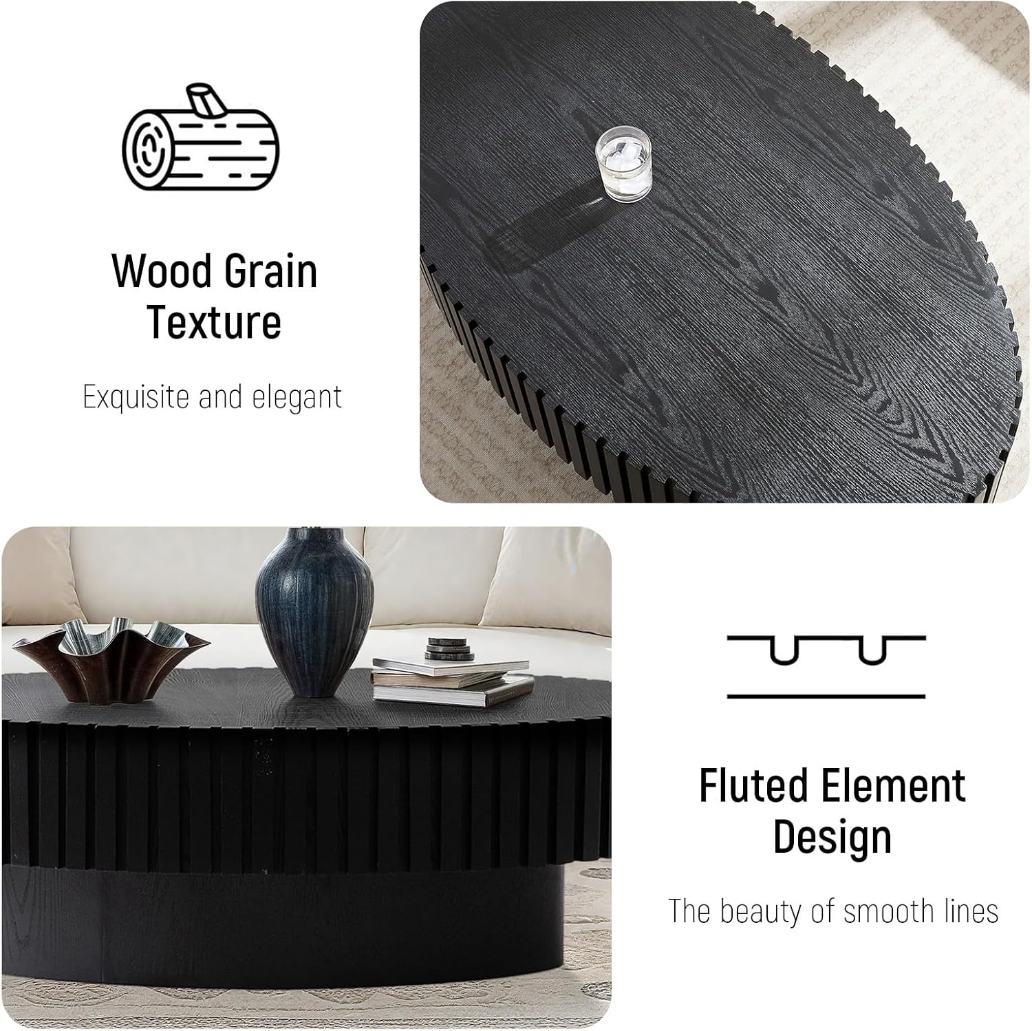 43.3'' Oval Fluted Coffee Table, Minimalist Modern Drum Coffee Tables Wood Center Table Contemporary Small Tea Tables for Living Room Small Space Apartment,Easy Assembly,Black Oval