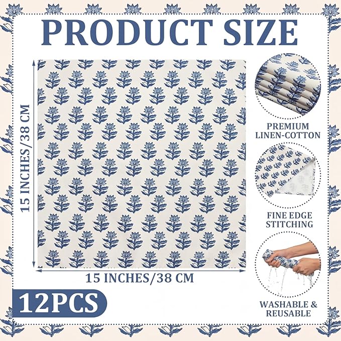 Mindsoft Set de 12 Servilletas de Tela con Estampado Floral Azul 18 x 18 Pulgadas miniatura 3