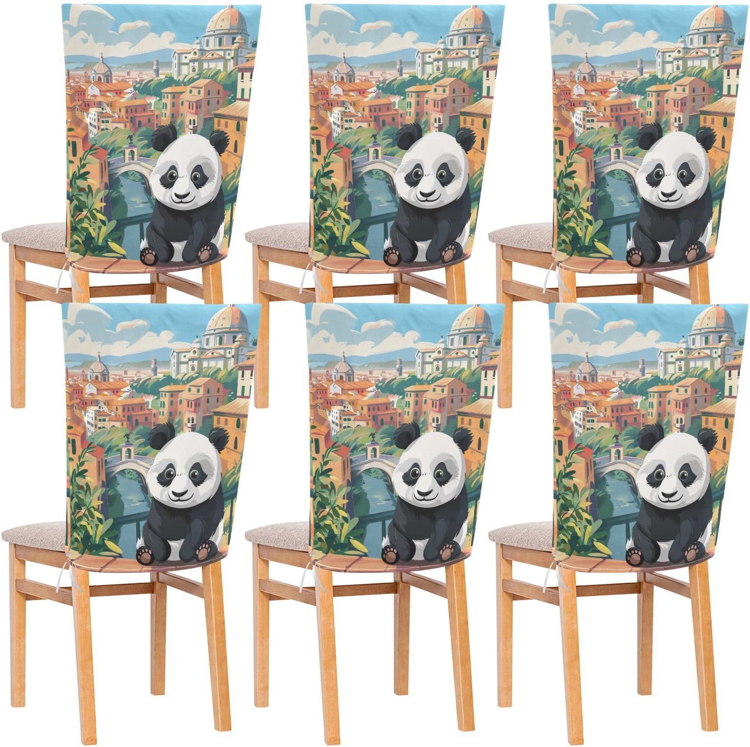 ALAZA Cute Panda and Italy View Chair Back Cover Set of 6, Washable Reusable Removable Chair Slipcovers Decorative Chair Cover for Home Kitchen Wedding Party