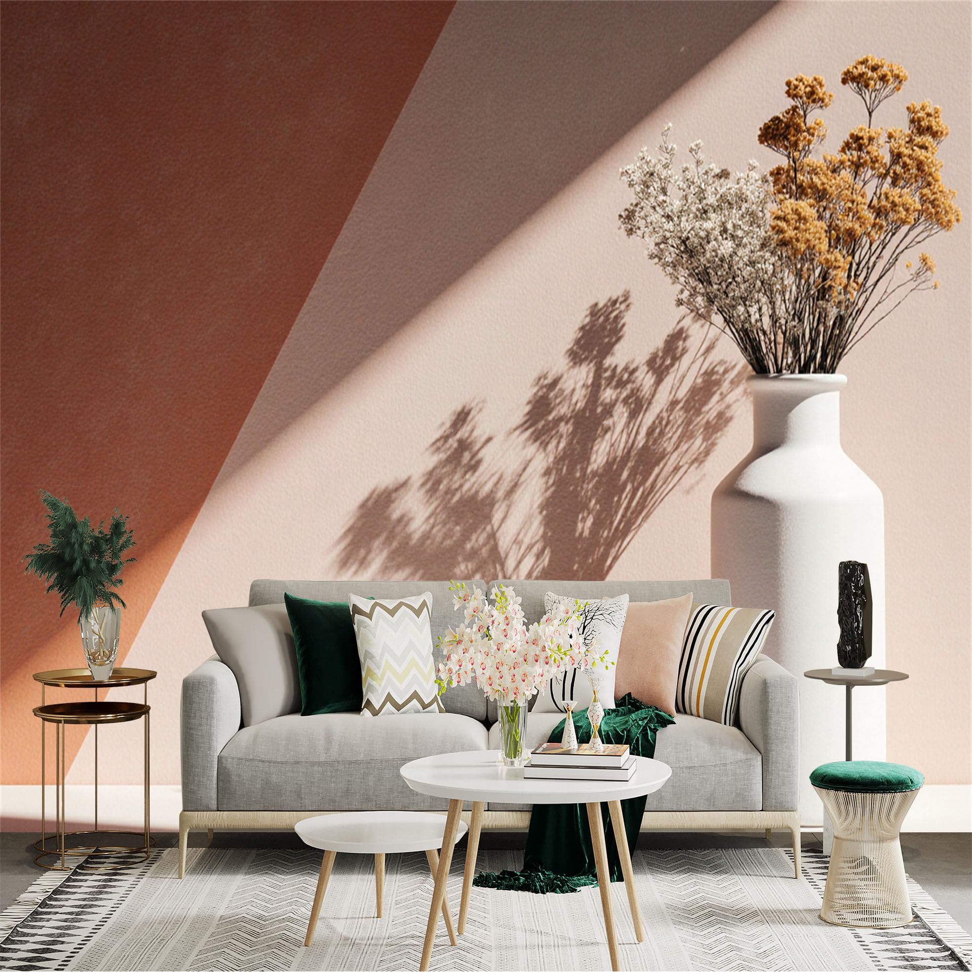 Custom Size Wall Sticker Mural， Dried Flower Bouquet in Modern Vase， Aesthetic Minimalist Decor， Sunlight Shadows， for wall Decoration， peelandstick wall Decals.