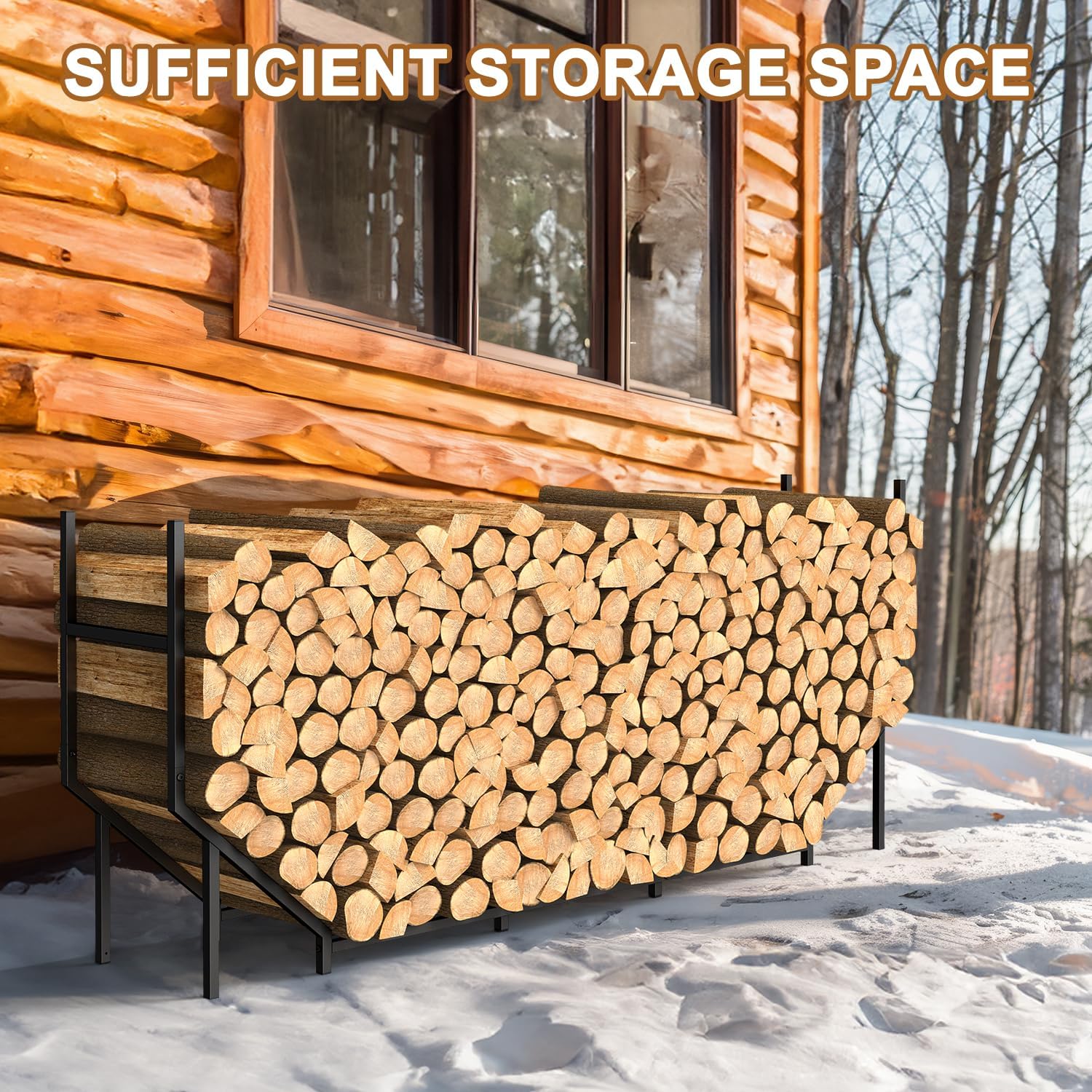 Ebeneze 5.9ft Firewood Rack Holder, Outdoor Indoor Heavy Duty Metal Wood Stand, Adjustable Stacker Fireplace Lumber Organizer, Bottom Widening for Deck Patio Logs Storage Carrier Tool, Black