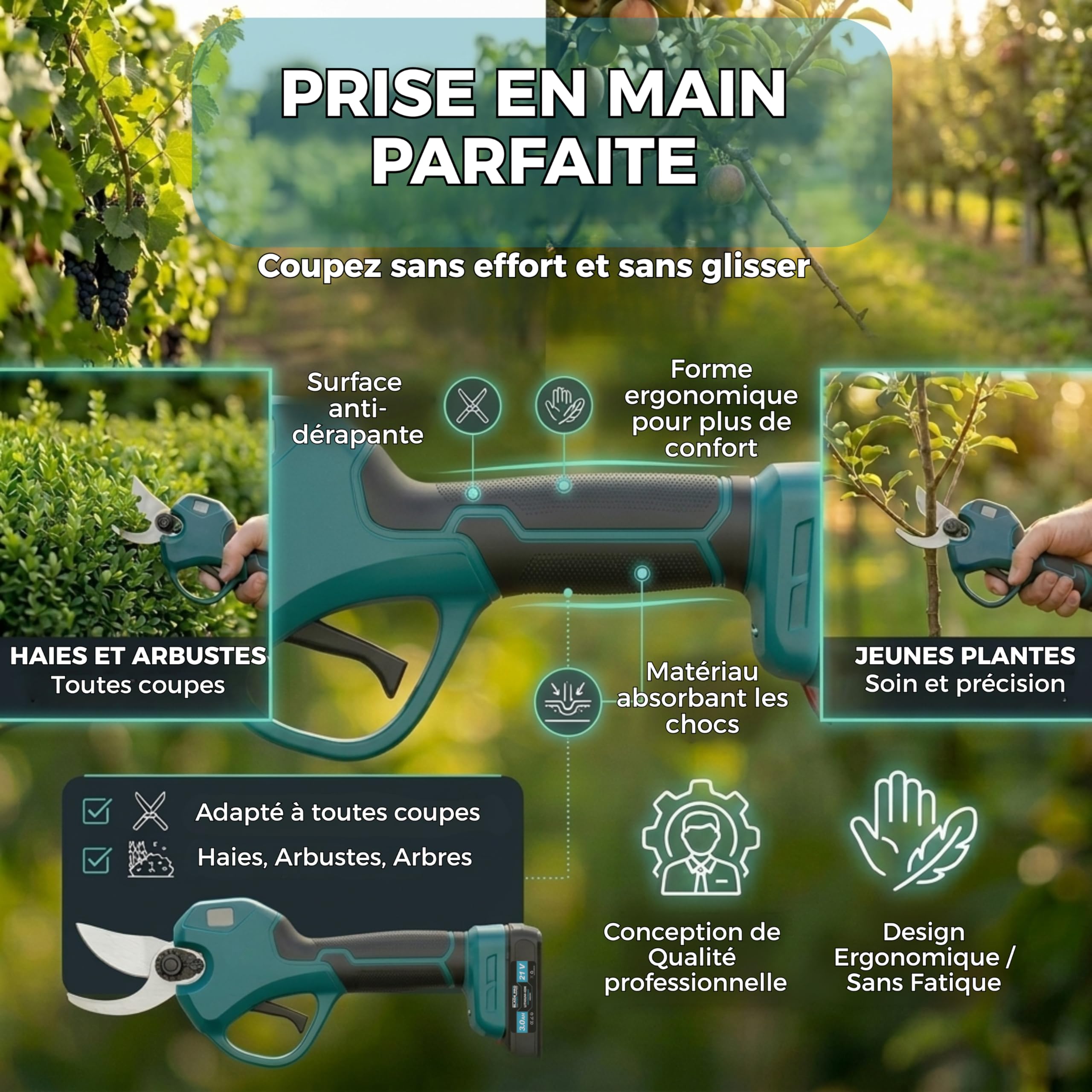 Sécateur Électrique Sans Fil 40mm - Sécateur à Batterie 6000mAh - 2 Batterie 21V - Brushless 800w - Coupe Branche Professionnel - Kit complet BLADEPRO