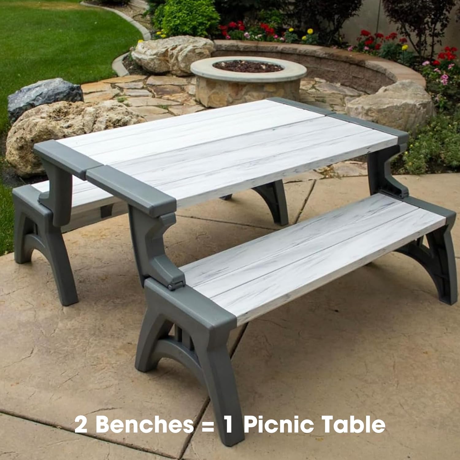 Convert-a-Bench 2-in-1 Outdoor Bench & Picnic Table - Foldable, Weather-Resistant Seating - Perfect for Patio, Lawn, Garden, or Deck - Durable & Easy Assembly - 1 Bench/Order, Platinum White Birch