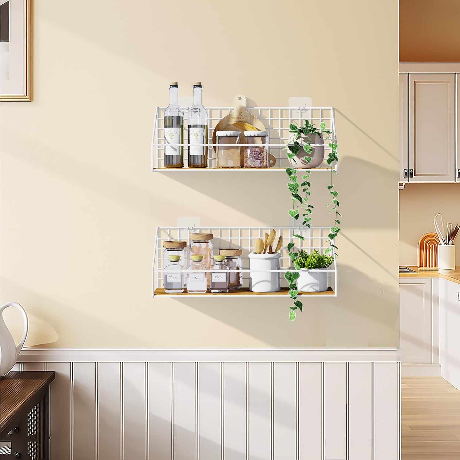 Combined Metal Shelf Wall-Mounted Storage Rack Utility,Hooks Wall Organizer Storage Display Tray Accessories for Craft Room Home Office Bathroom Kitchen (White, 2PCS Crossbeam Combinations(M+M))