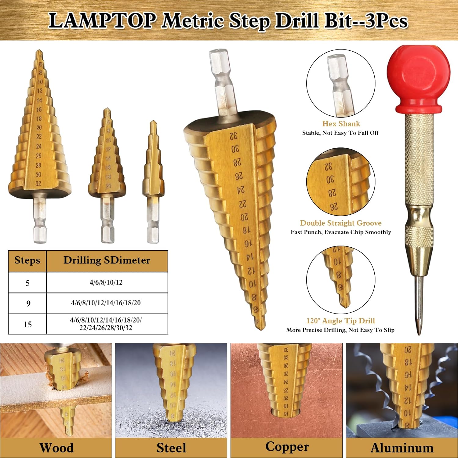 LAMPTOP 47 Pcs Woodworking Tools and Accessories, Including Countersink Drill Bit Set, Wood Plug Cutter, Step Drill Bit, Saw Blades, Drill Stop Bit Set, Long Twist Drill Bit, L-Wrench, Center Punch