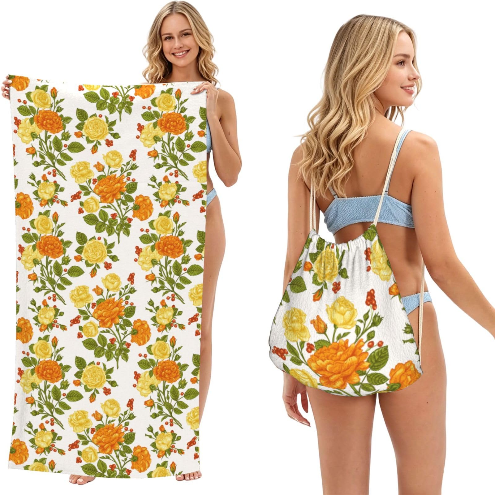 Poadnly As Picture Yellow Flower Peony, 2 In 1 Packable Towel Bag, Beach Towels With Drawstring Backpack For Travel Holiday Camping