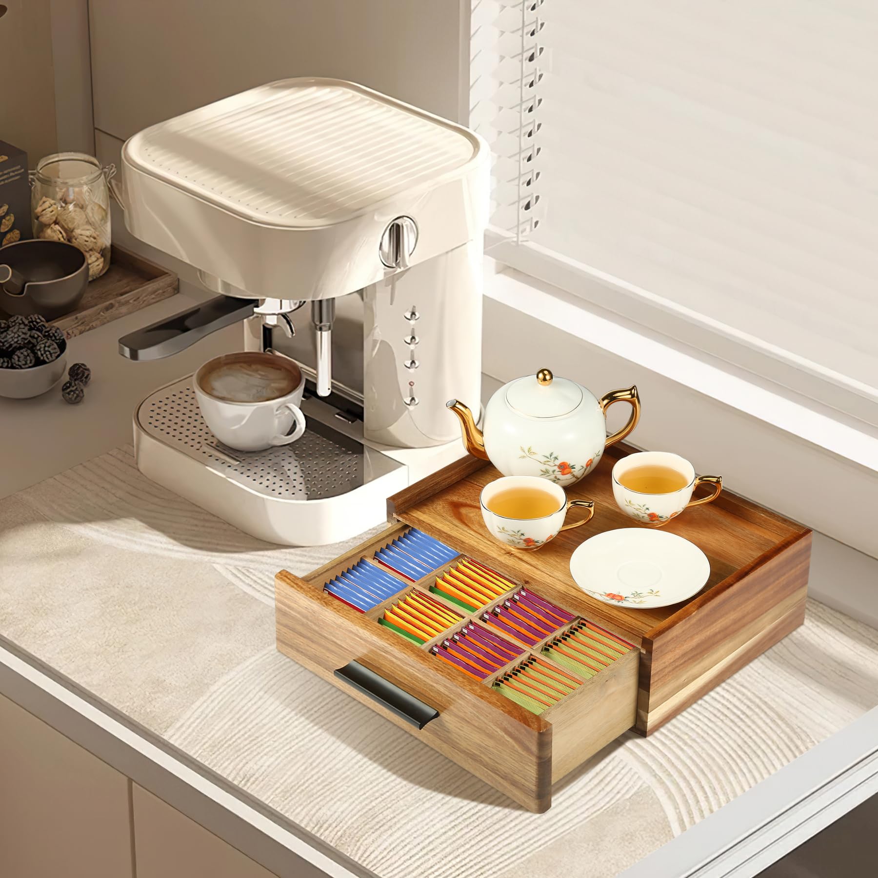 Organisateur de sachets de thé en Bois d'acacia - Boîte à thé avec 12 Compartiments, Coffret de Rangement avec tiroir, Accessoires pour thé et Rangement des sachets, Station de thé pour comptoir
