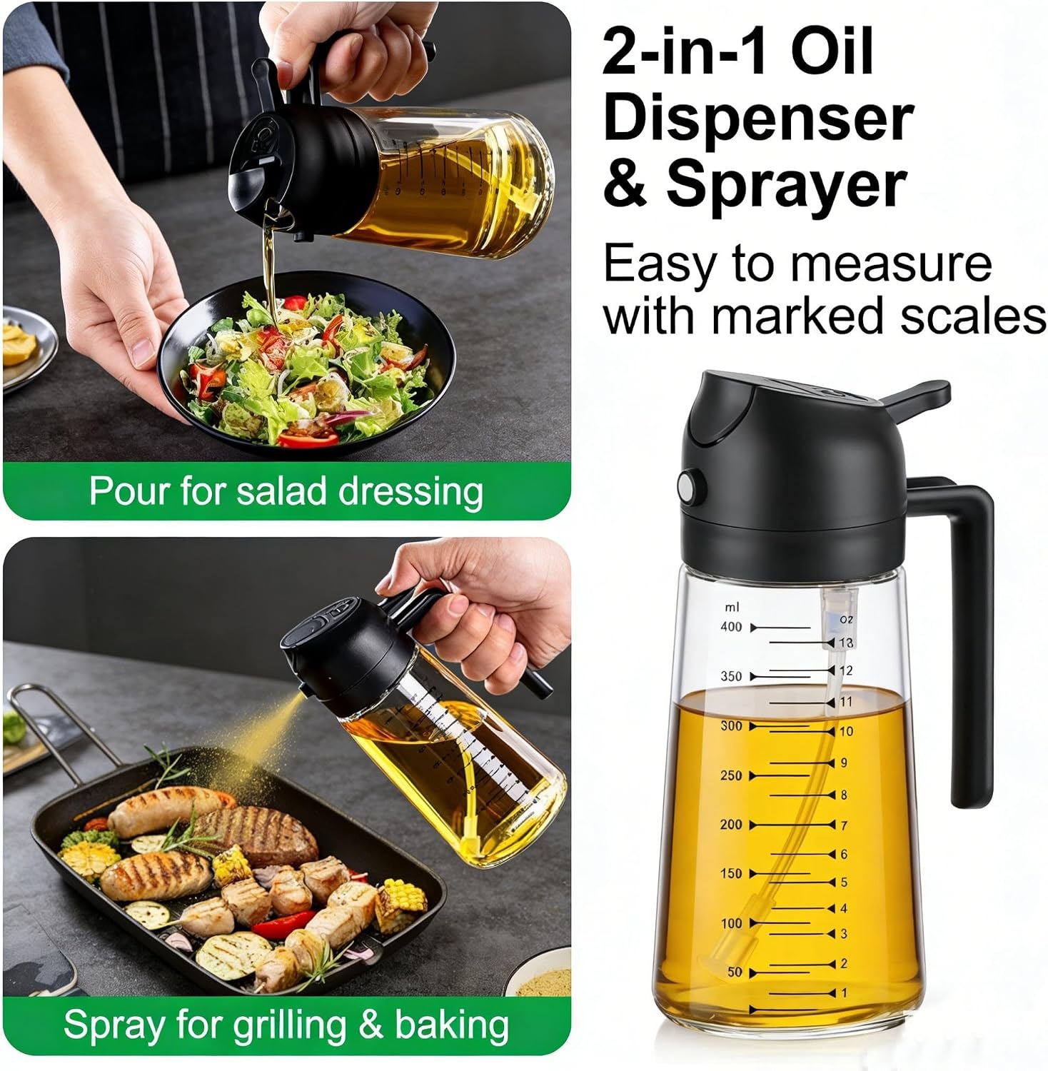 Olive Oil Spray Bottle Dispenser, Glass, 470 ml, with Measurements, for Cooking, Salad, BBQ