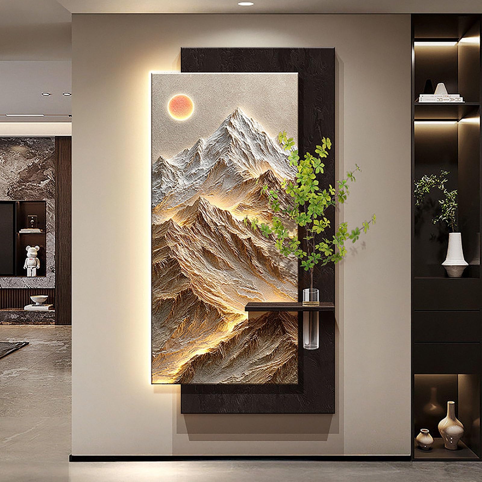3D-Sandstein-Pflanzen-Wandkunst, randloses LED-dekoratives Gemälde für Wohnzimmer, Büro und Arbeitszimmer, Plug-in-Netzteil, moderne Heimdekoration (40 x 80 cm)