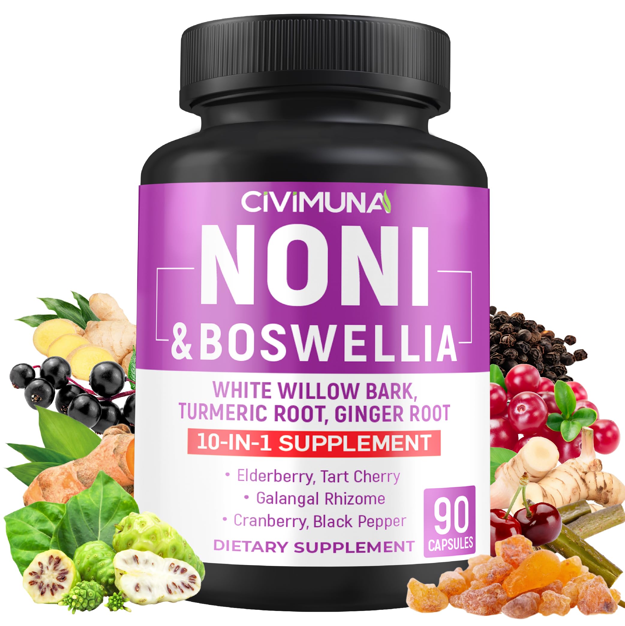 Noni Capsules with Boswellia, White Willow Bark, Turmeric, Ginger Root and More - 90 Capsules for 3 Months Supply