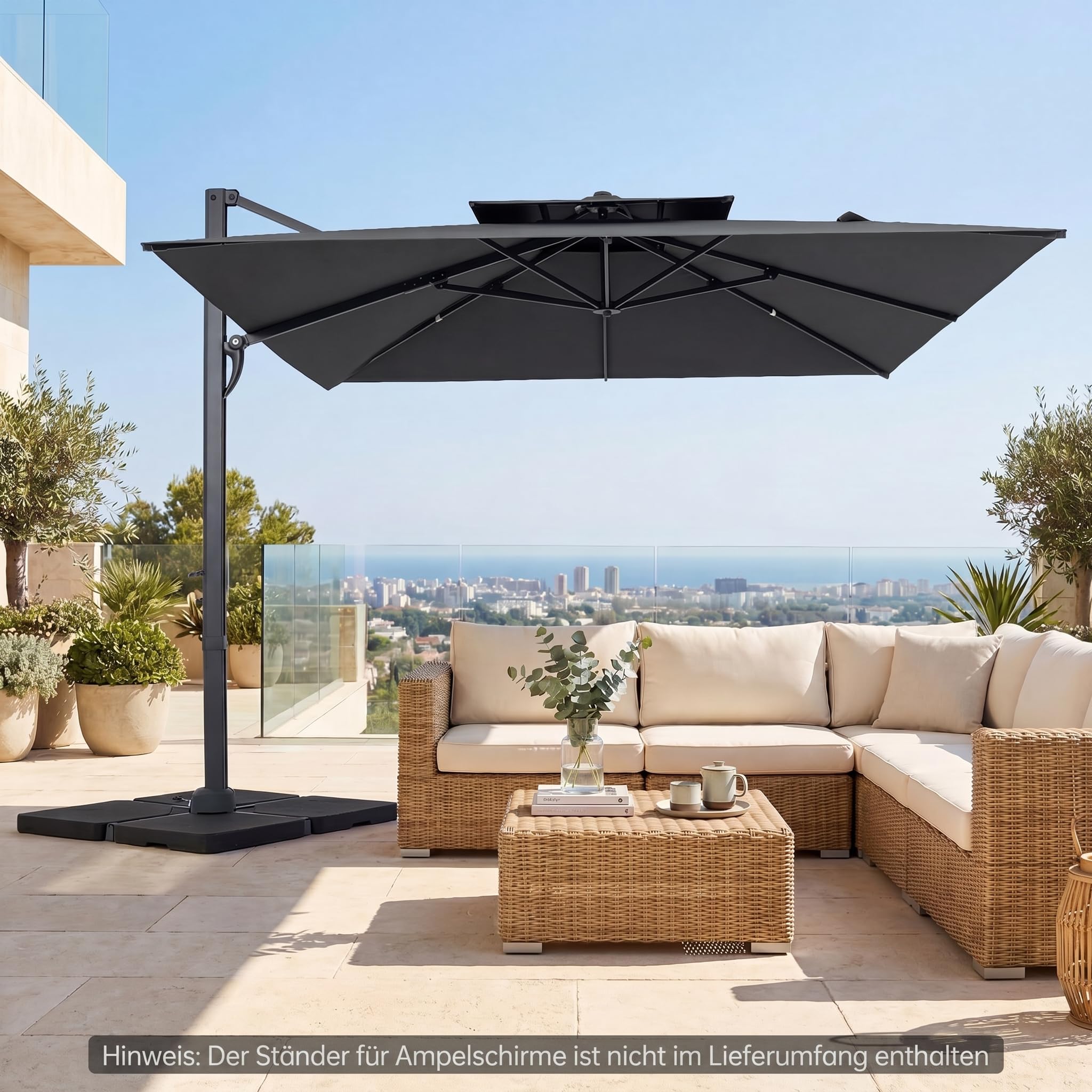 COSTWAY Sonnenschirm mit Doppeldach, 300 x 300 cm, Alu Ampelschirm mit Kurbel, 360° drehbar, quadratischer Gartenschirm, Marktschirm, Terrassenschirm für Garten, Terrasse, Pool (Anthrazit)