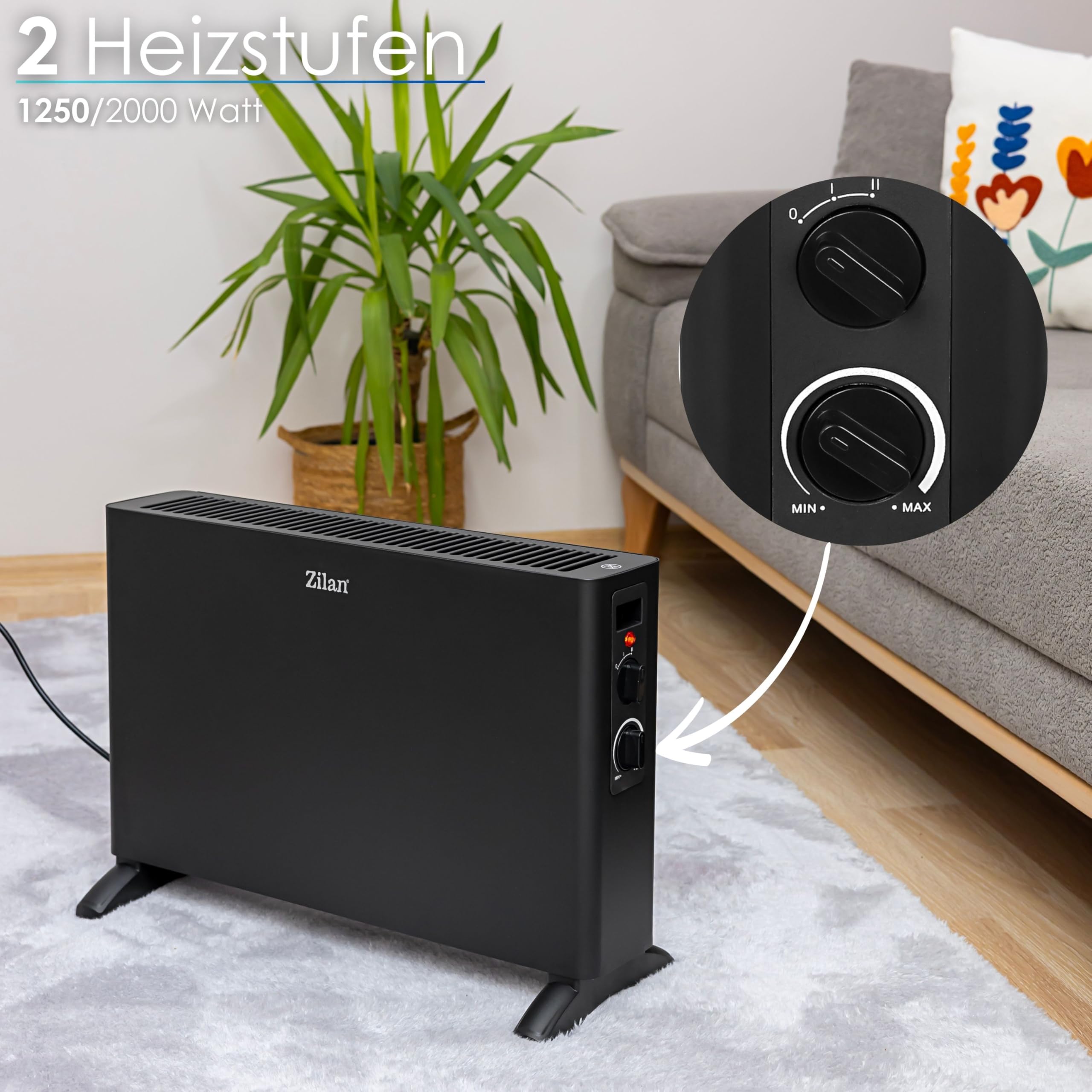Konvektor Elektro 2 Heizstufen Convektor Elektroheizung Thermostat 1250/2000 Watt Schnellheizer Elektrische Heizung Heizstrahler