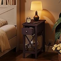 Vista 4 de ChooChoo End Table with Charging Station, Narrow Side Table with USB Ports and Outlets, Nightstand with Drawer, for Small Spaces, Bedside Tables for