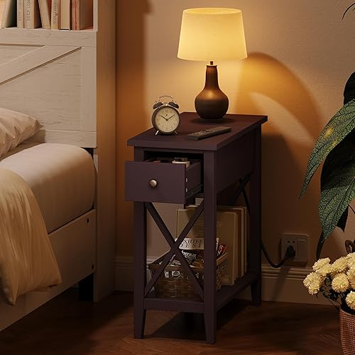 Miniatura 4 de ChooChoo Mesa auxiliar con estación de carga, mesa auxiliar estrecha con puertos USB y tomacorrientes, mesita de noche con cajón, para espacios