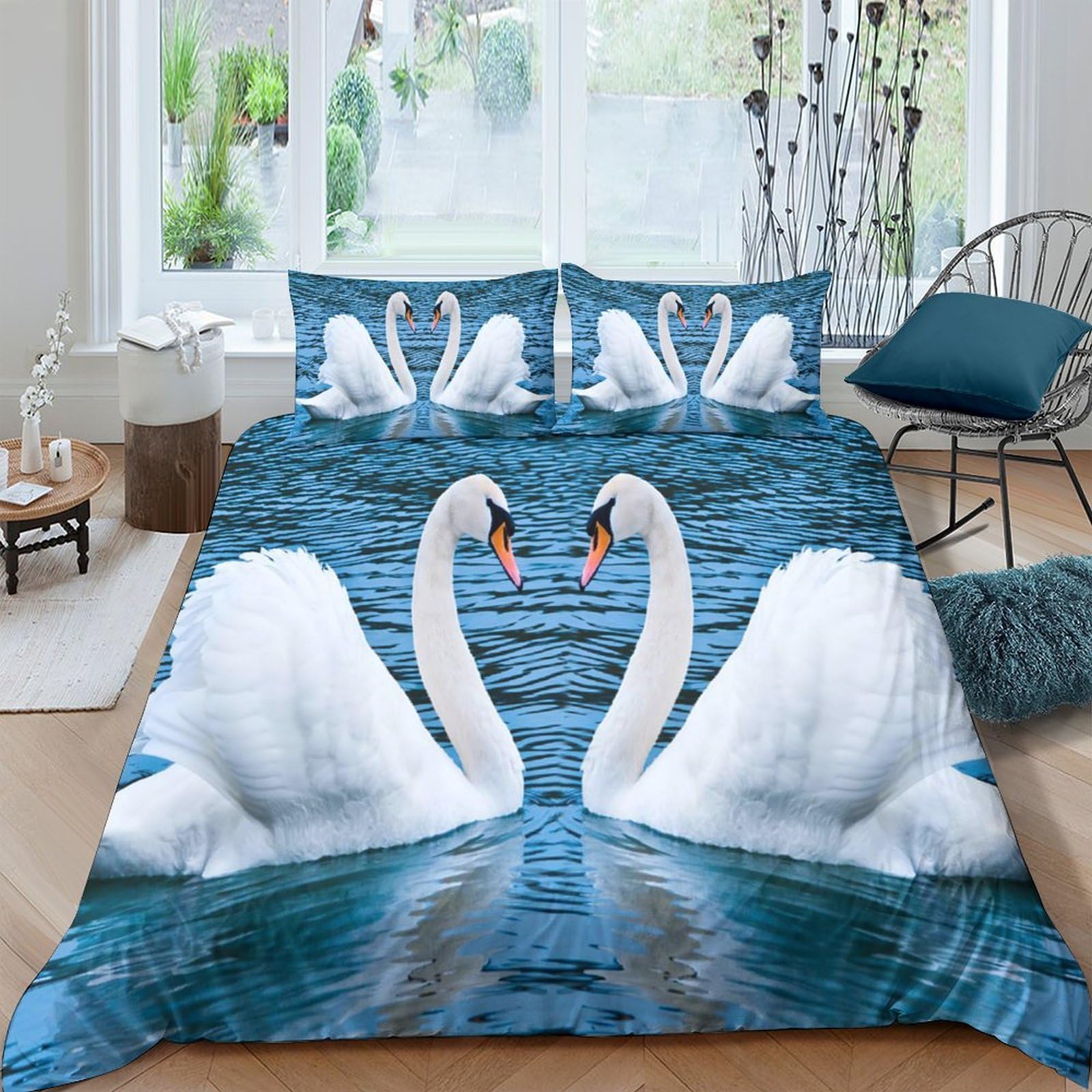 Ctjqhvkz Style-4 3D Printed Swan Lake Fitted Sheet Microfiber Soft Blue Water Bird Mattress Cover For Bedroom Guest Room Decor Protection Single（135X200cm）