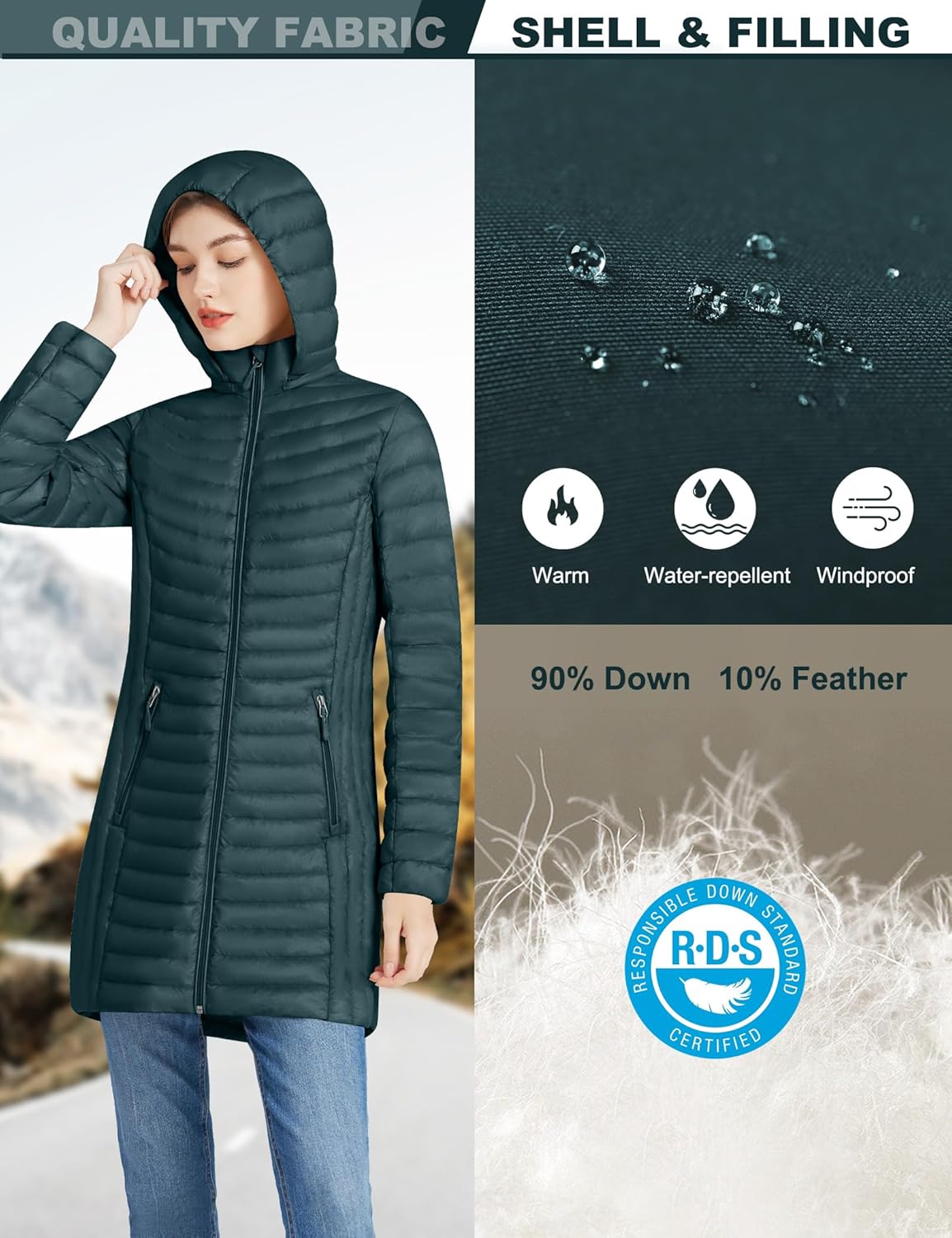 ANOTHER CHOICE Women Ultralightweight Down Coat, Winter Puffer Jacket with Detachable Hood Stretchy Panel Rollable - Image 4