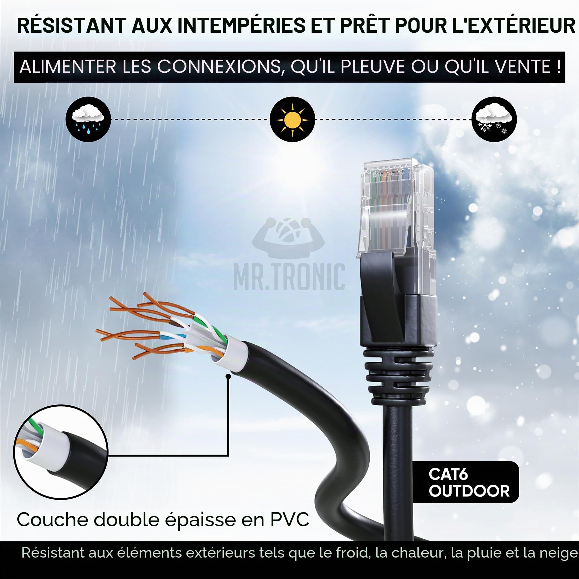 Mr. Tronic Exterieur Impermeable Câble Ethernet 100m, Reseau LAN Cat 6 Haut Debit pour Une Internet Rapide | Câble Ethernet AWG24, Cat6 RJ45 UTP CCA 1 Gbps (100 Mètres, Noir)